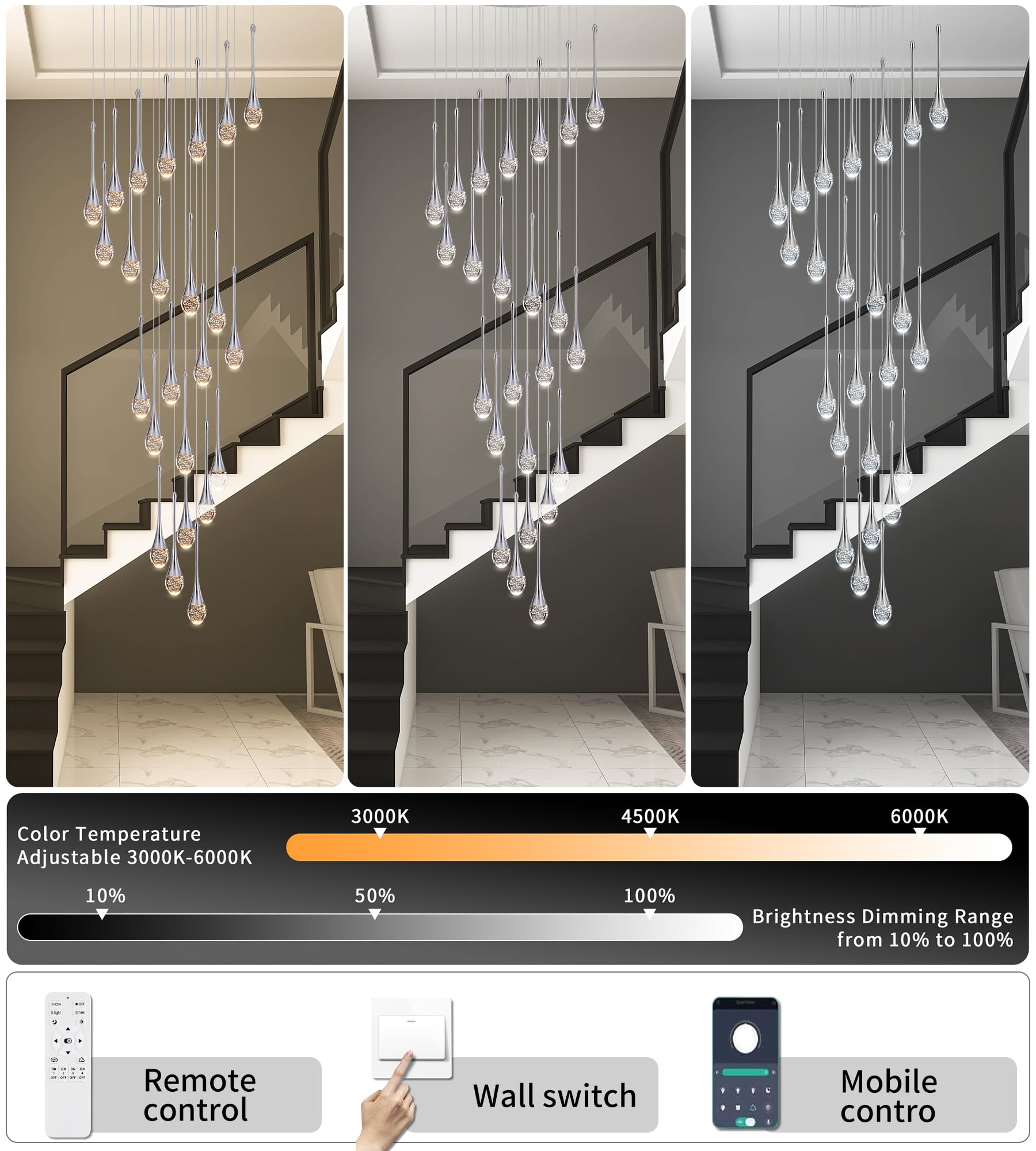 Upfelw Modern Crystal Chandelier 24 Lights, Polished Chrome, Dimmable LED, Model UCC-S24-0436, High Ceiling Foyer Light Fixture