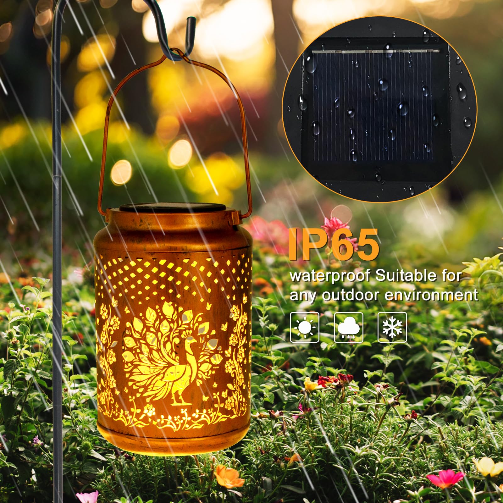 YISITEONE 2 Pack Peacock Solar Lanterns, Metal Hanging Lights for Outdoor Garden, Brown, Model ES04250700008