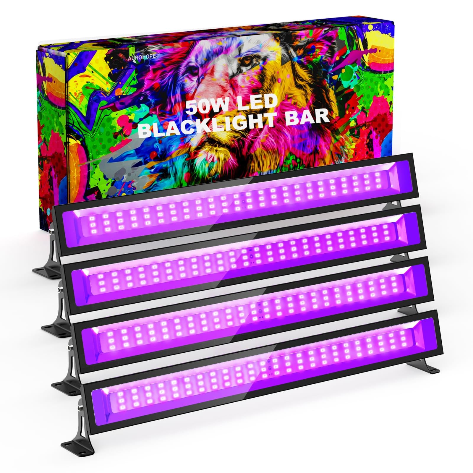 AUROHOPE 50W LED Black Light Bar, IP66 Waterproof, 385nm UV Light, Halloween & Party Decor, Model BF50, 4 Packs
