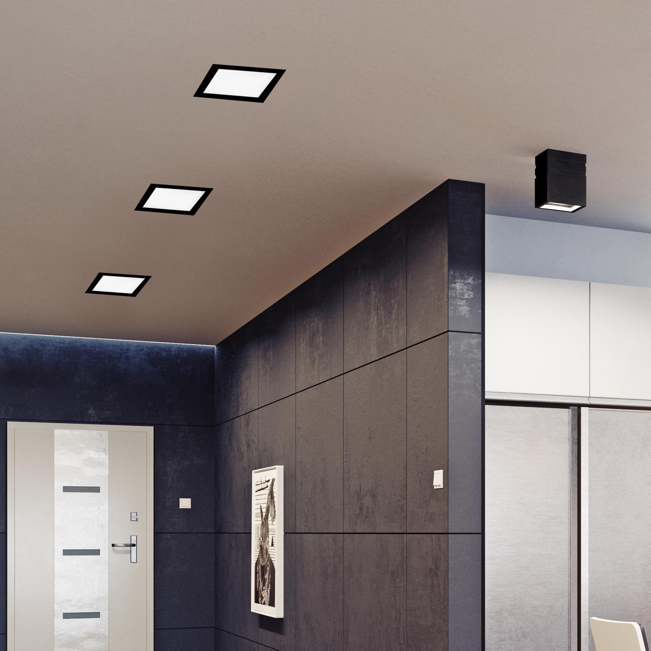 Maxxima 8 In. 5 Cct Square Recessed Led Downlight, 1400 Lumens, Slim Flat Panel Color Selectable (2700K/3000K/3500K/4000K/5000K), Dimmable, Canless Ic Rated, Black Trim, J-Box Included