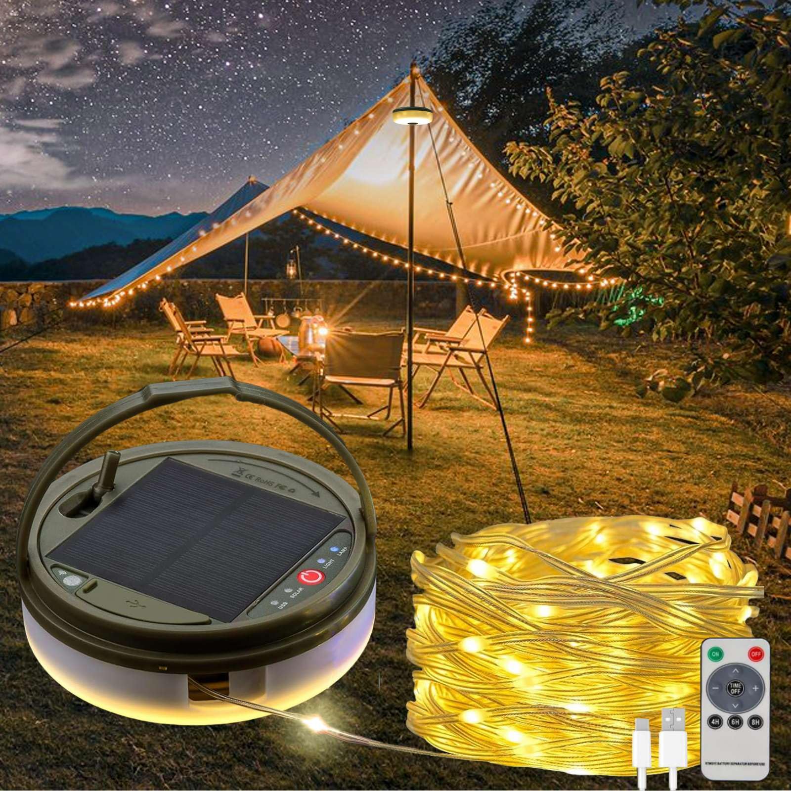 TuoPuLife Solar Camping String Lights, 4-in-1 Fairy Lights, 8 Lighting Modes, 39.4 FT, Rechargeable Tent Lantern