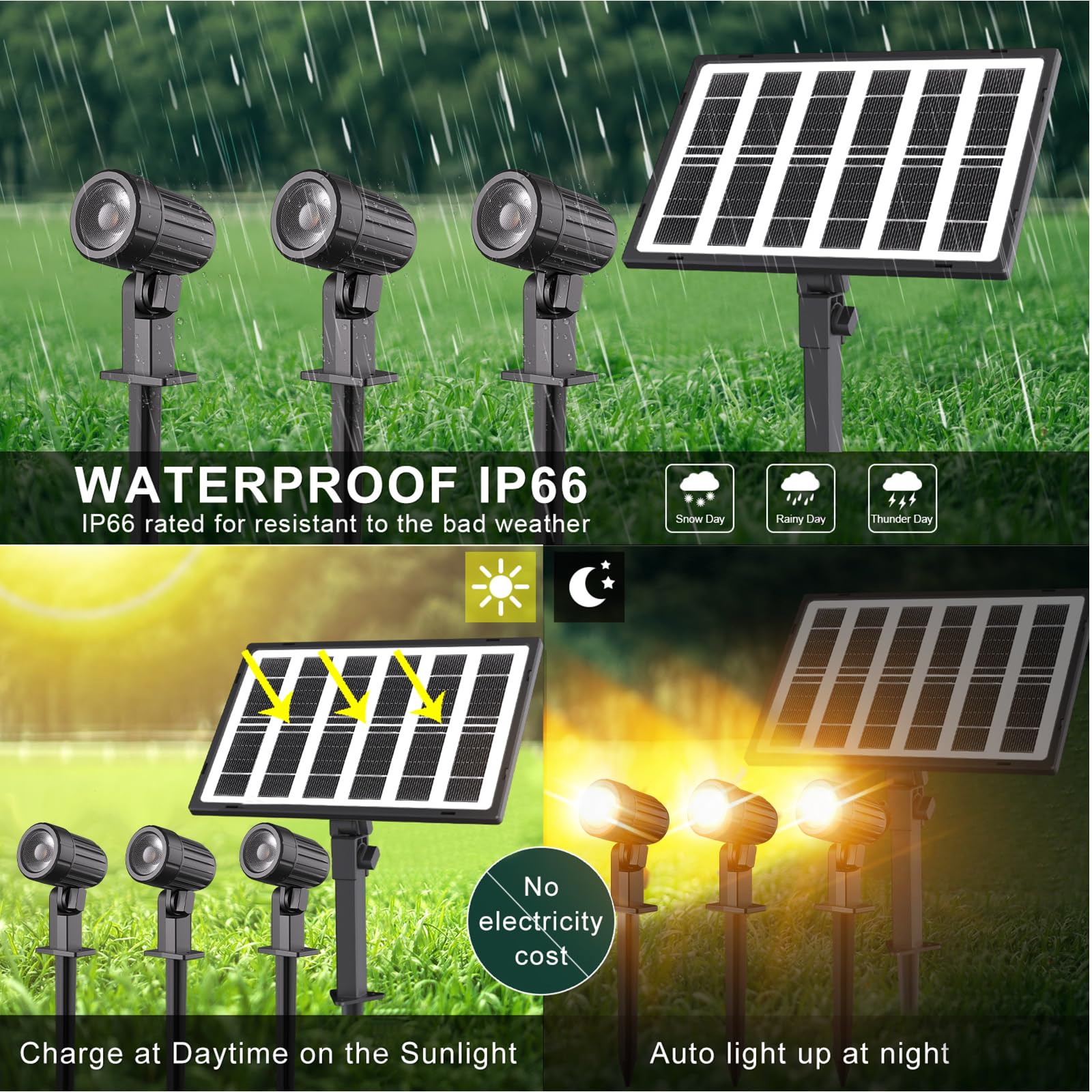 CLY Solar Landscape Spotlights - IP66 Waterproof, Remote Control, 3 Brightness Levels, 2700-6500K, 3-in-1, Warm/Natural/Cold White