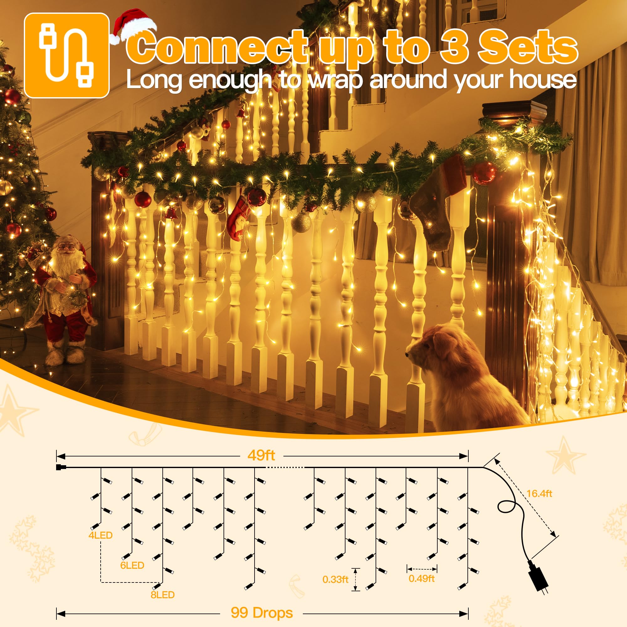 Ollny Icicle Lights Outdoor 594 Led Warm White, Waterproof, 49Ft With Remote, 8 Modes, Model Hg-29V594Bc