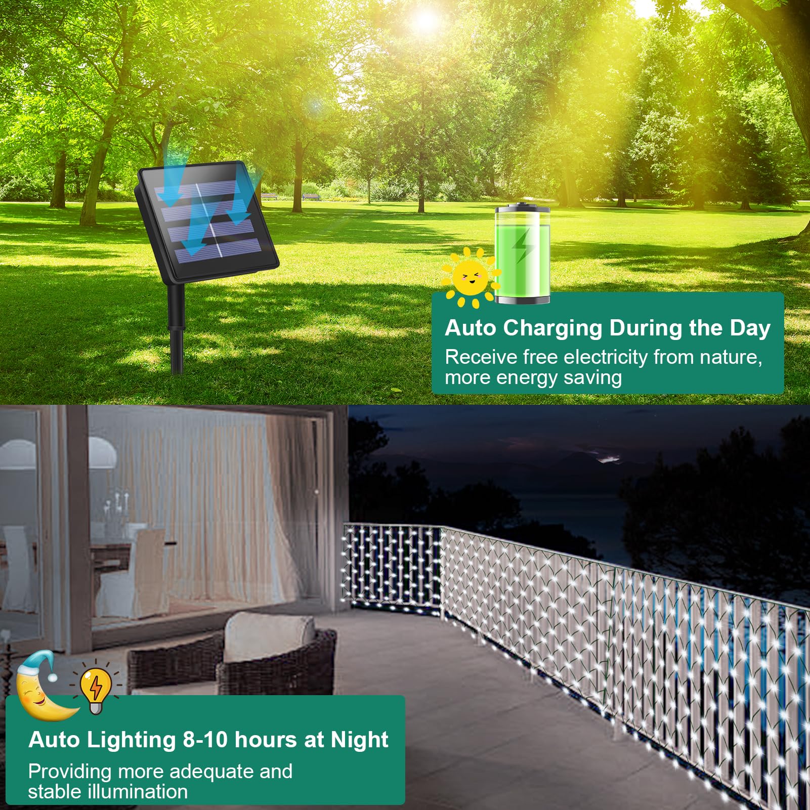 echosari Solar Powered Net Lights 200 LED 9.8ft x 6.6ft Dark Green Wire Cool White Outdoor Decoration