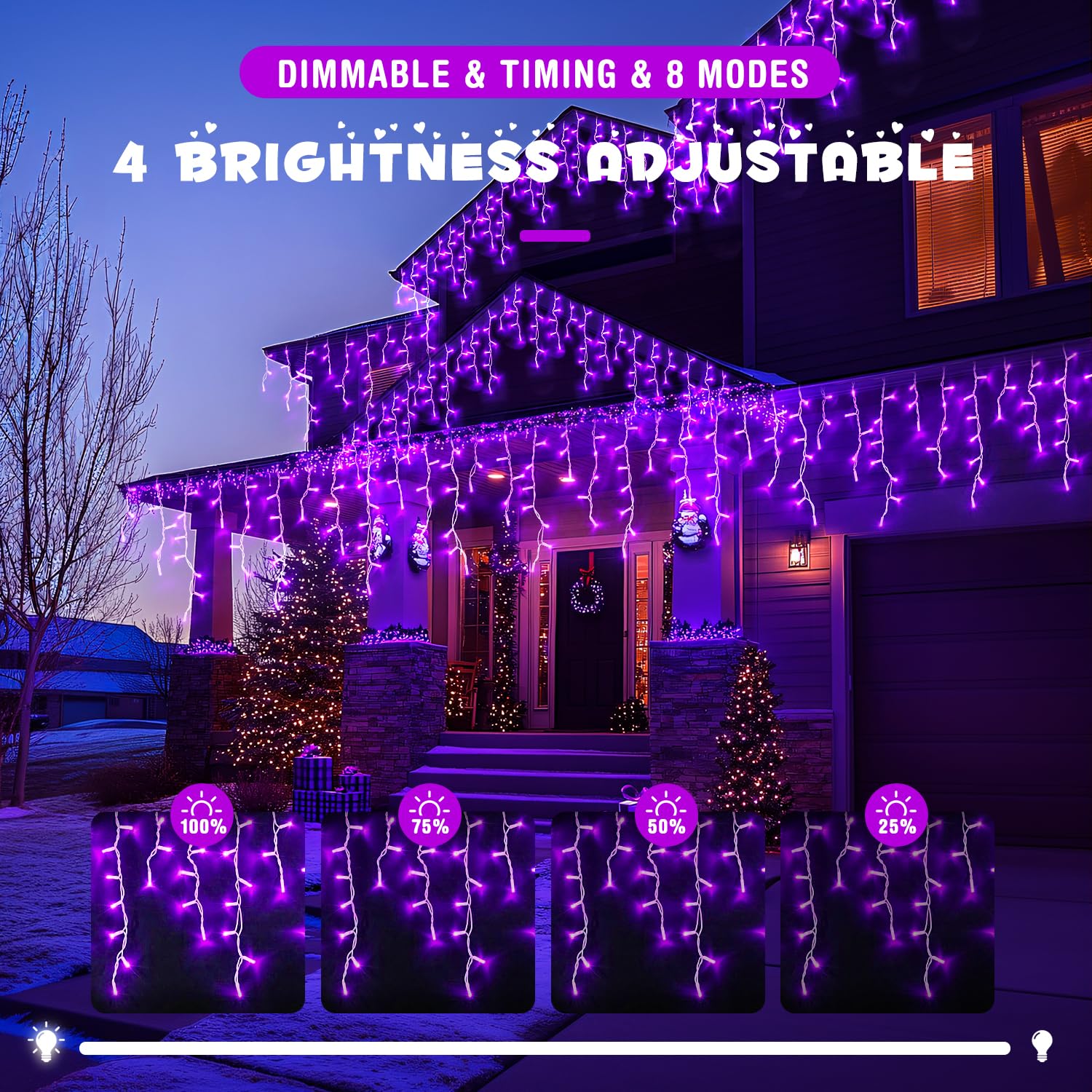 JMEXSUSS Purple Icicle Lights, 400 LED, 33.8 FT, Waterproof, 8 Modes, Model EXS-I-0400, Outdoor Christmas Decorations