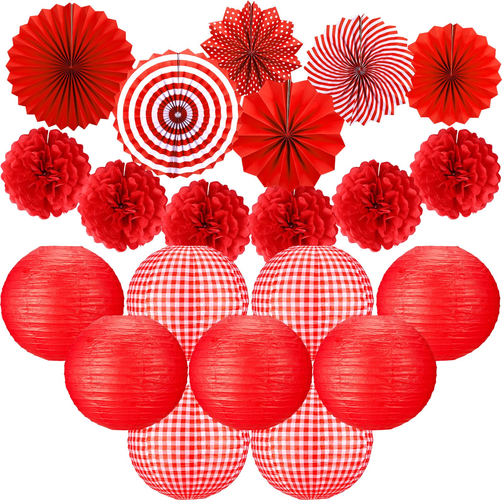 YooNotee 21 Pcs Red Party Decorations Kit Picnic Party Decorations Red Gingham Supplies 12 Inch Paper Lanterns Fans Pompoms Fans