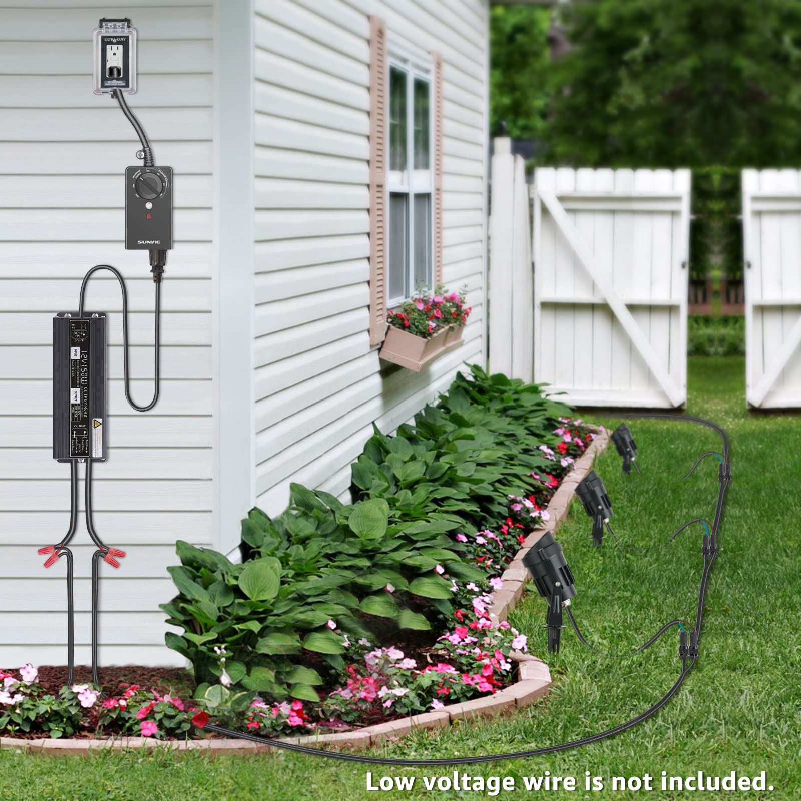 SUNVIE Low Voltage Landscape Lights Kit with Transformer and Timer 12W 12-24V Outdoor LED 3000K Waterproof Landscape Lighting wi