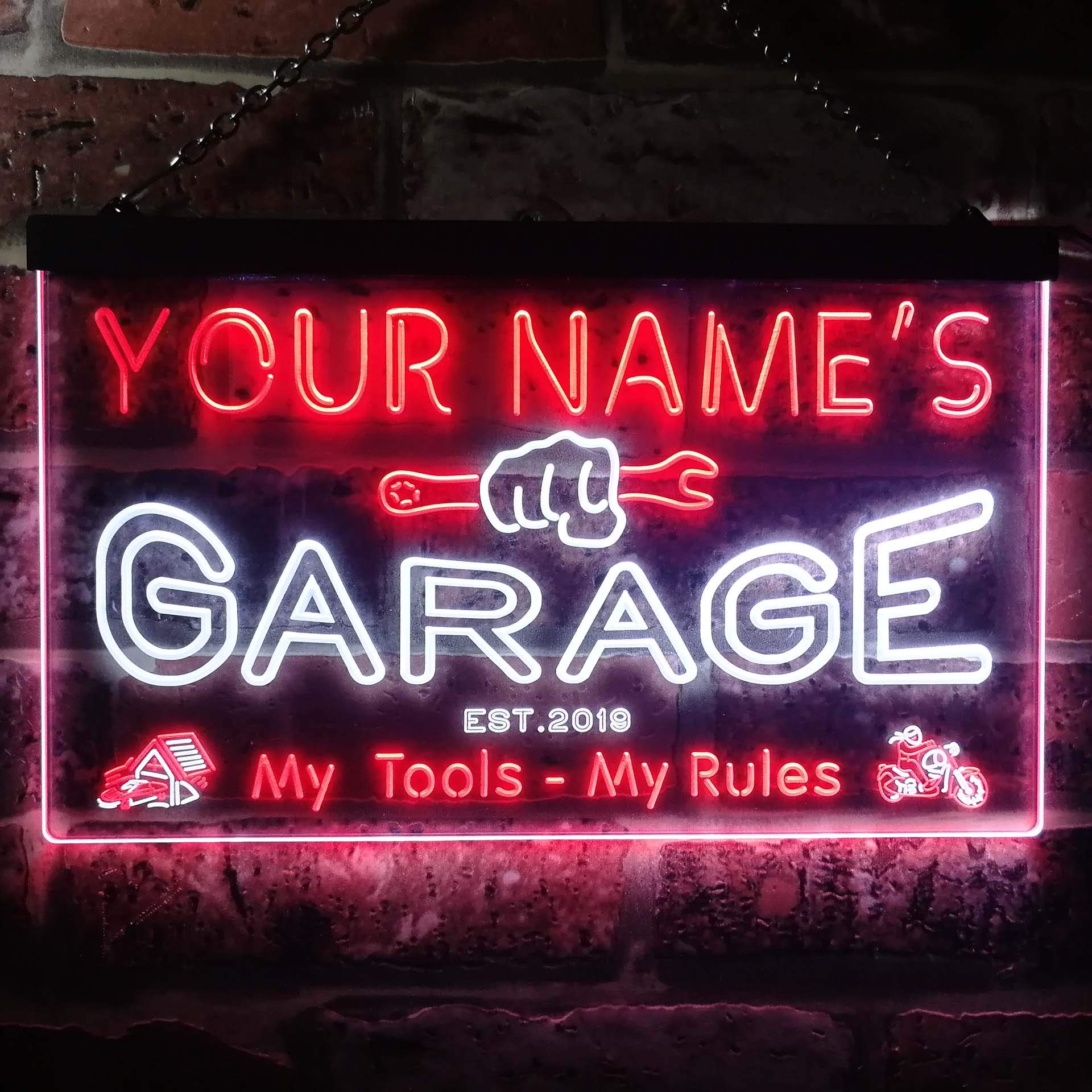 ADVPRO Personalized Your Name Est Year Theme Garage Man Cave Decor Dual Color LED Neon Sign White & Red 24 x 16 st6s64-pp1-tm-wr