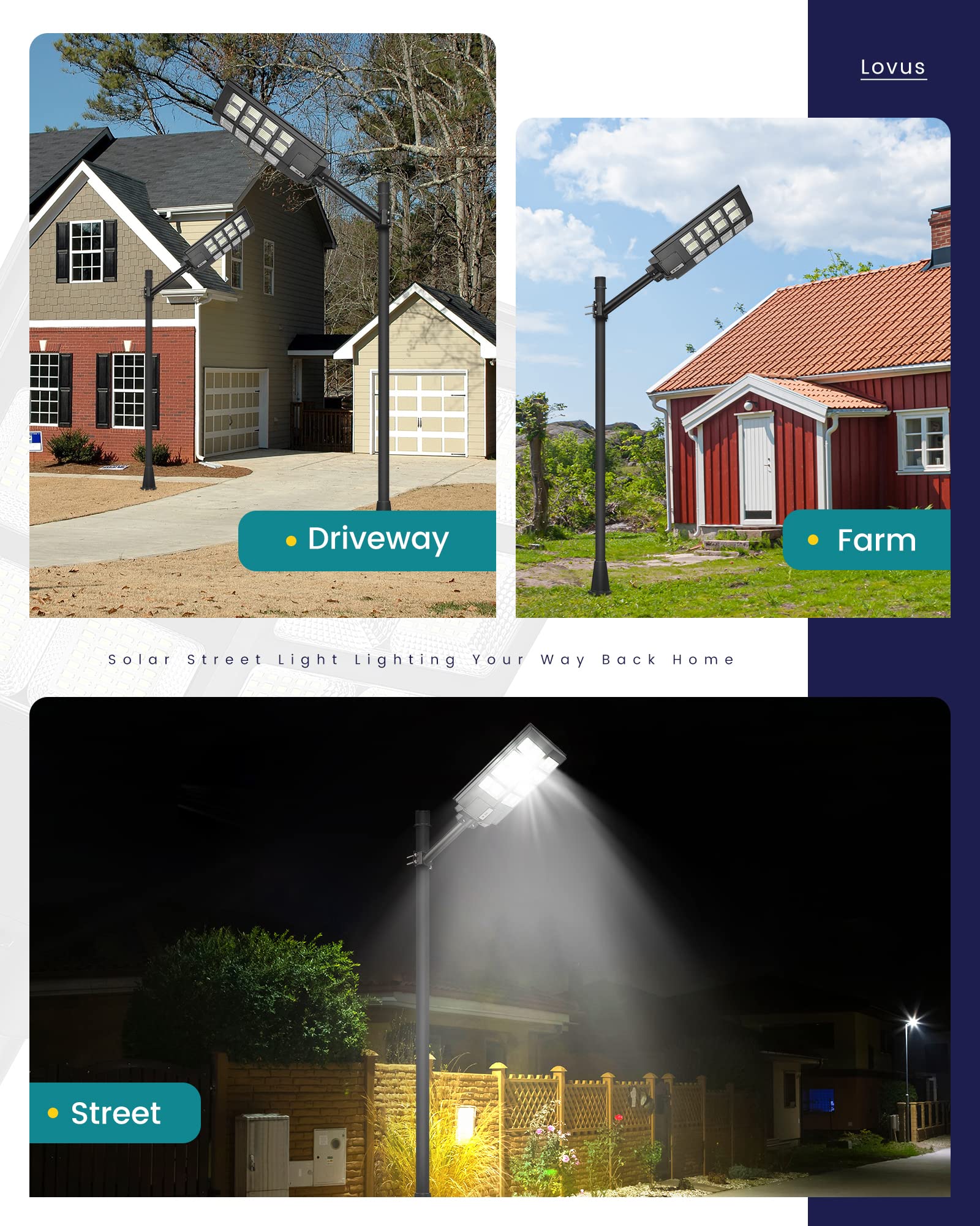 Lovus 2-Pack LED Solar Street Lights, 8000W, 800000LM, Dusk to Dawn, Motion Sensor, Black, Model ST1000-086-2