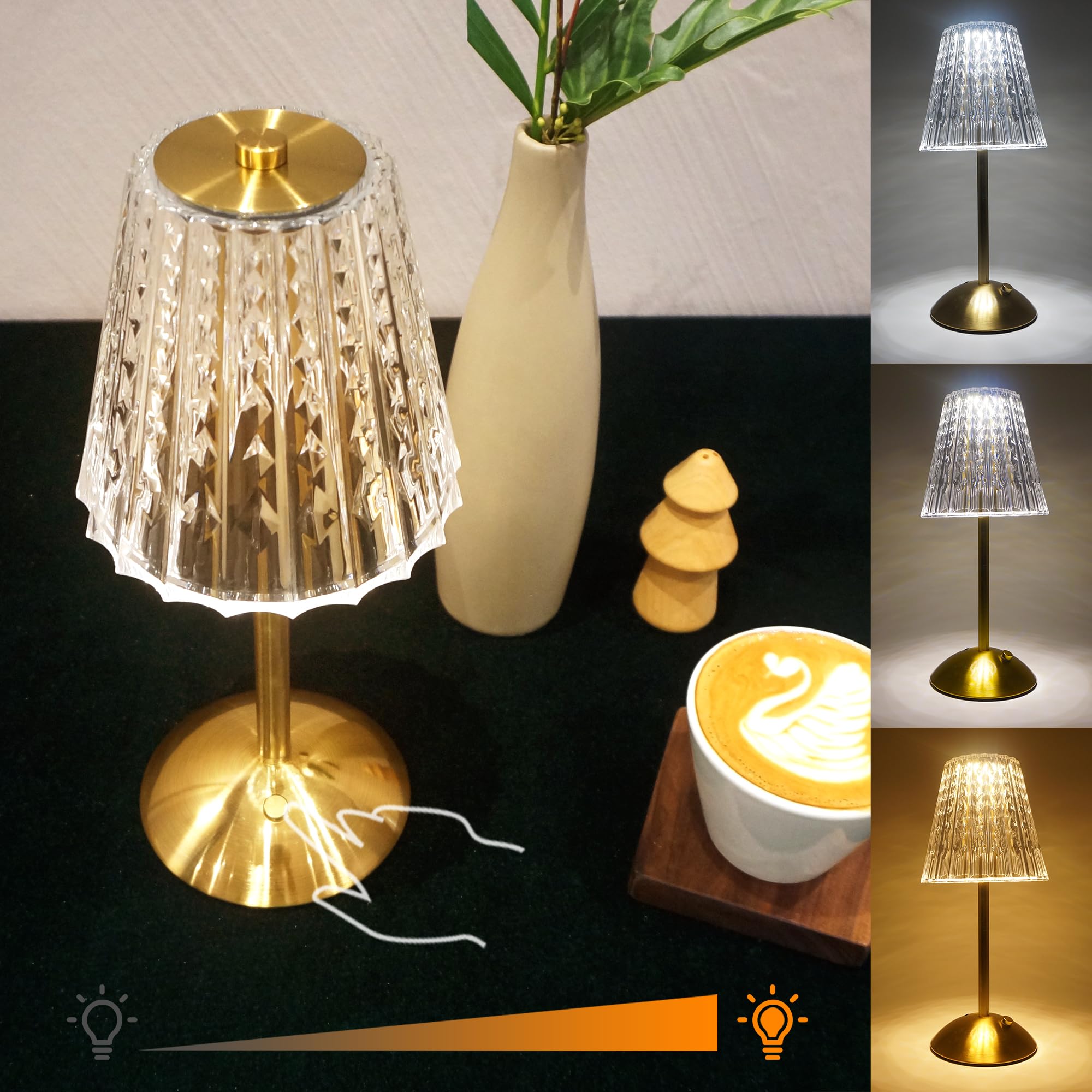 Amingulry Cordless Table Lamp, Rechargeable LED Touch Lamp, Stepless Dimmable, Little Size, Gold Fountain Metal