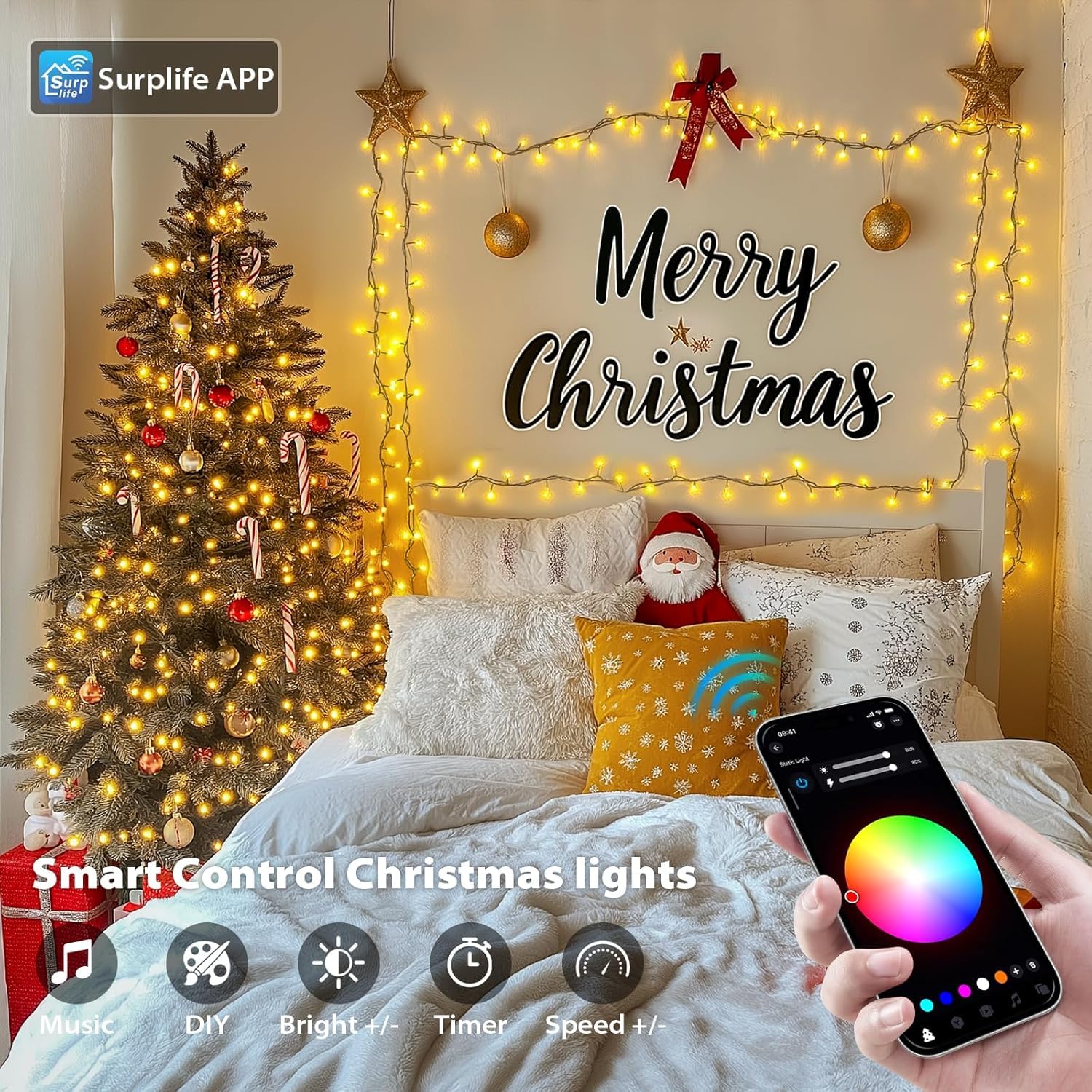 Jmexsuss App Controlled Color Changing Christmas Lights, 66Ft 200 Led Rgb String Lights Green Wire With Remote, Smart Christmas