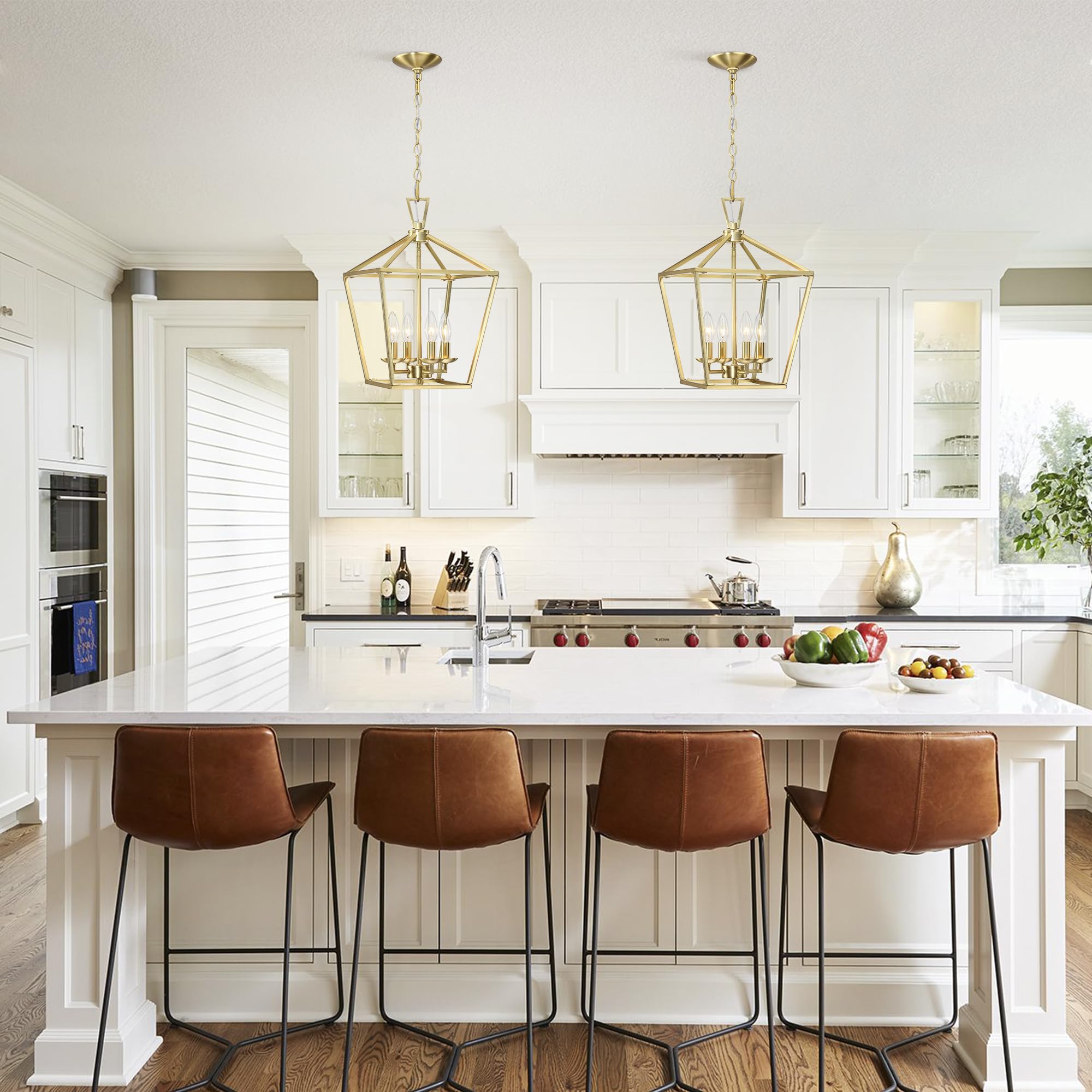 Untrammelife Gold Lantern Chandelier 4-Light Pendant Light Modern Hanging Pendant Light Fixtures in Brushed Brass Finish, Adjust