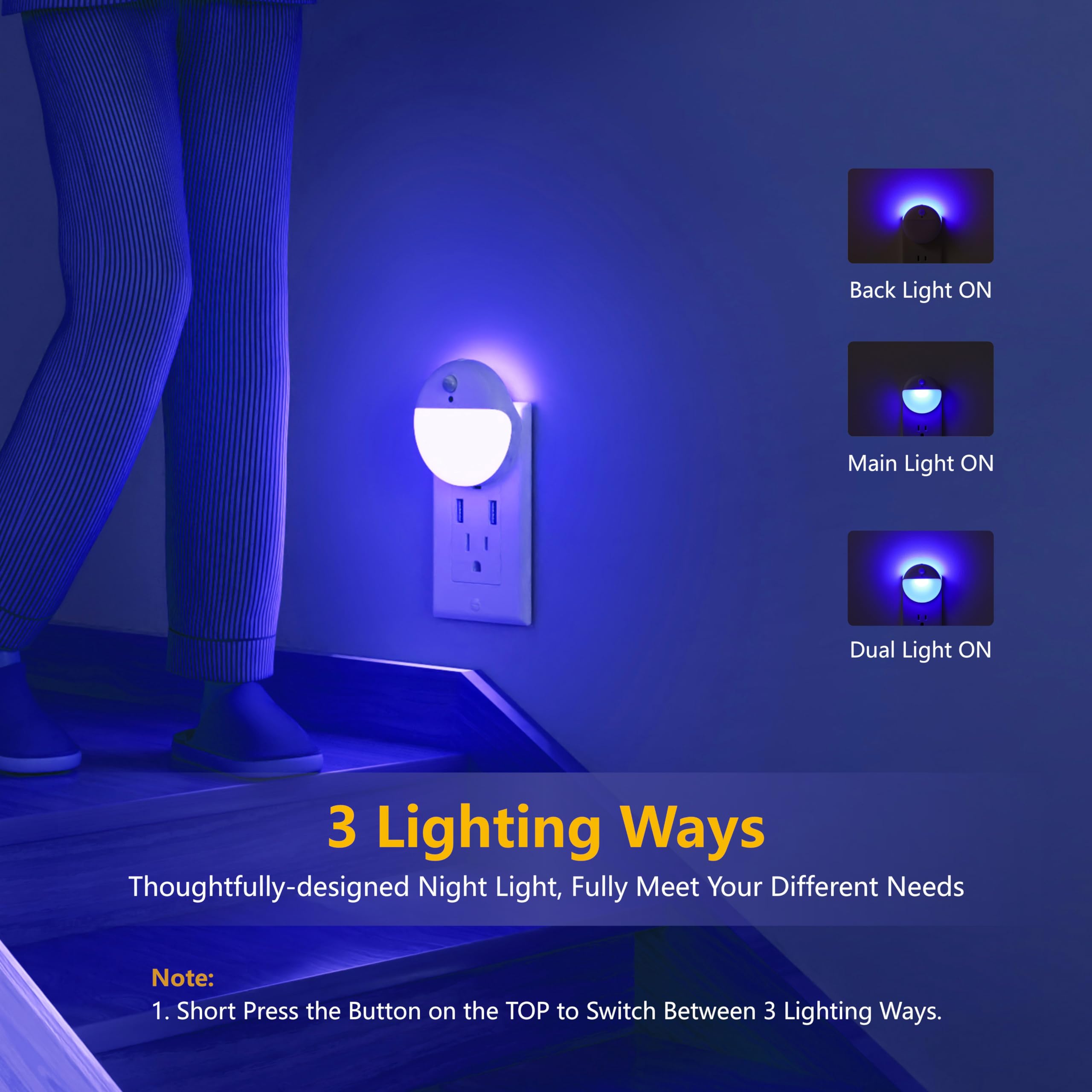 Yunlex 2 Pack Plug In Night Light With 3 Lighting Ways, Stepless Dimming, Light Sensor, Blue Led Nightlight For Bathroom, Hallwa