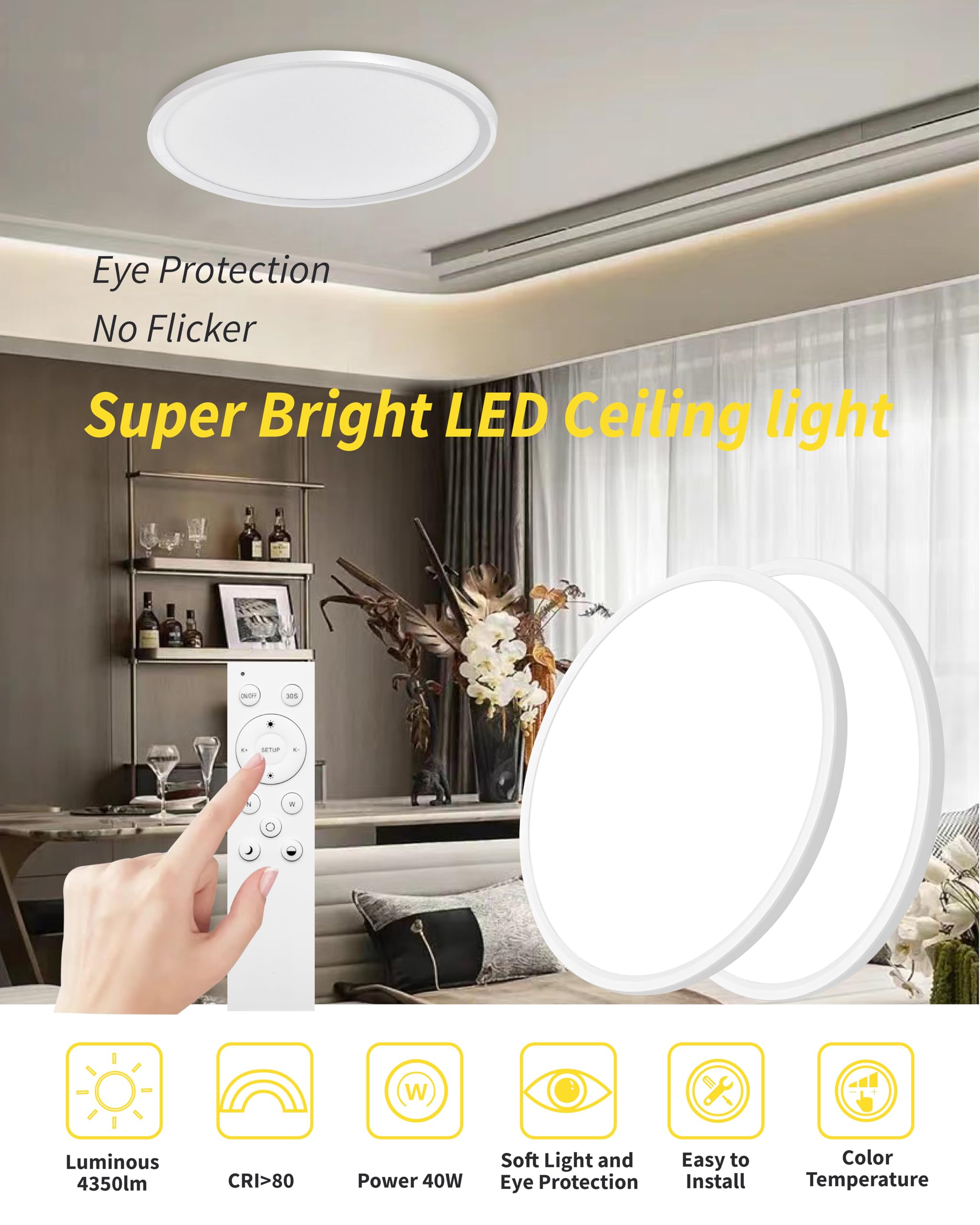 Bright Future Lighting 20-Inch LED Flush Mount Ceiling Light, Remote Control, Dimmable, 40W, 4350LM, Adjustable 2700K-6000K, White
