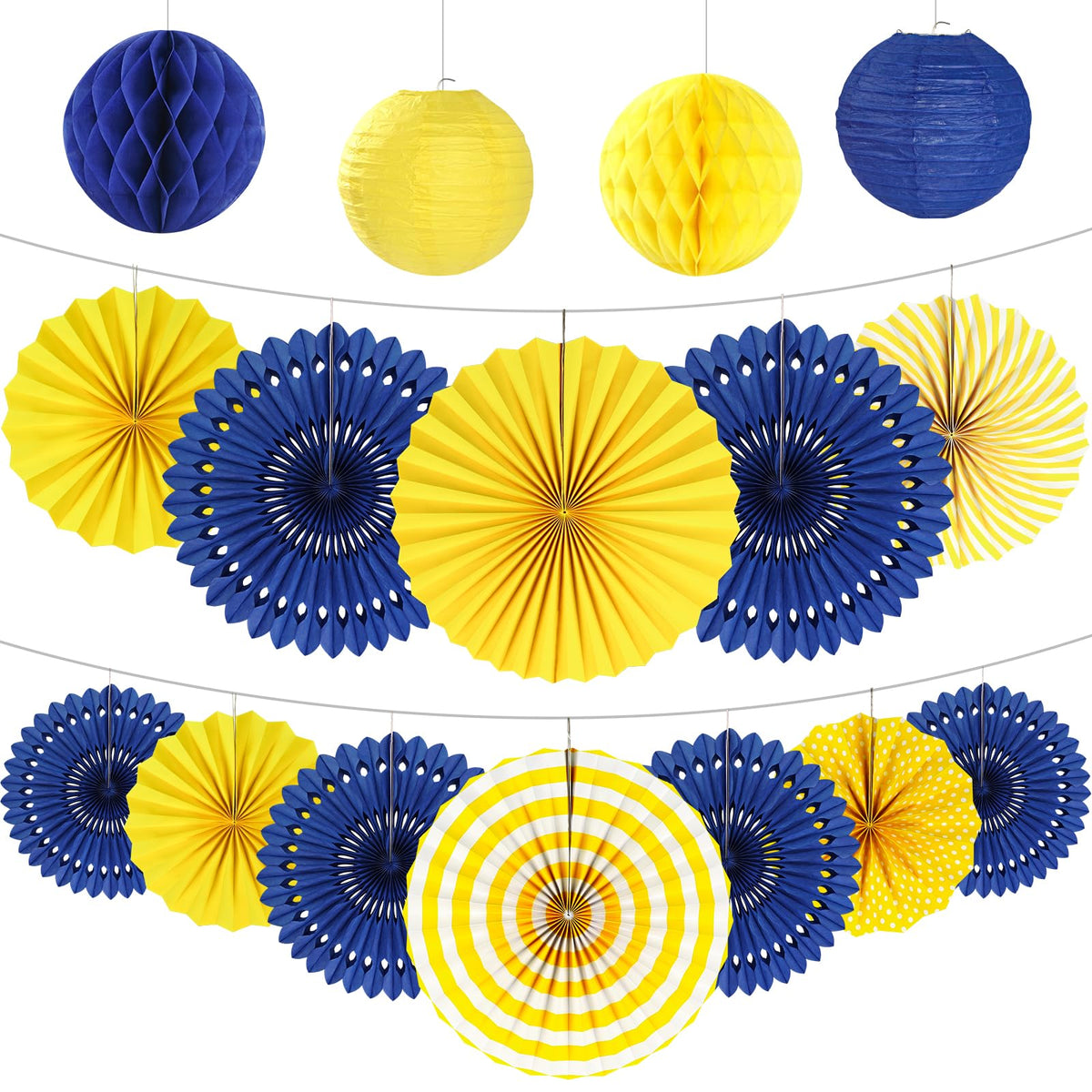 16Pcs Navy Blue And Yellow Party Decorations Hanging Honeycomb Paper Fans Paper Lanterns For Graduation Birthday Wedding Dinner 