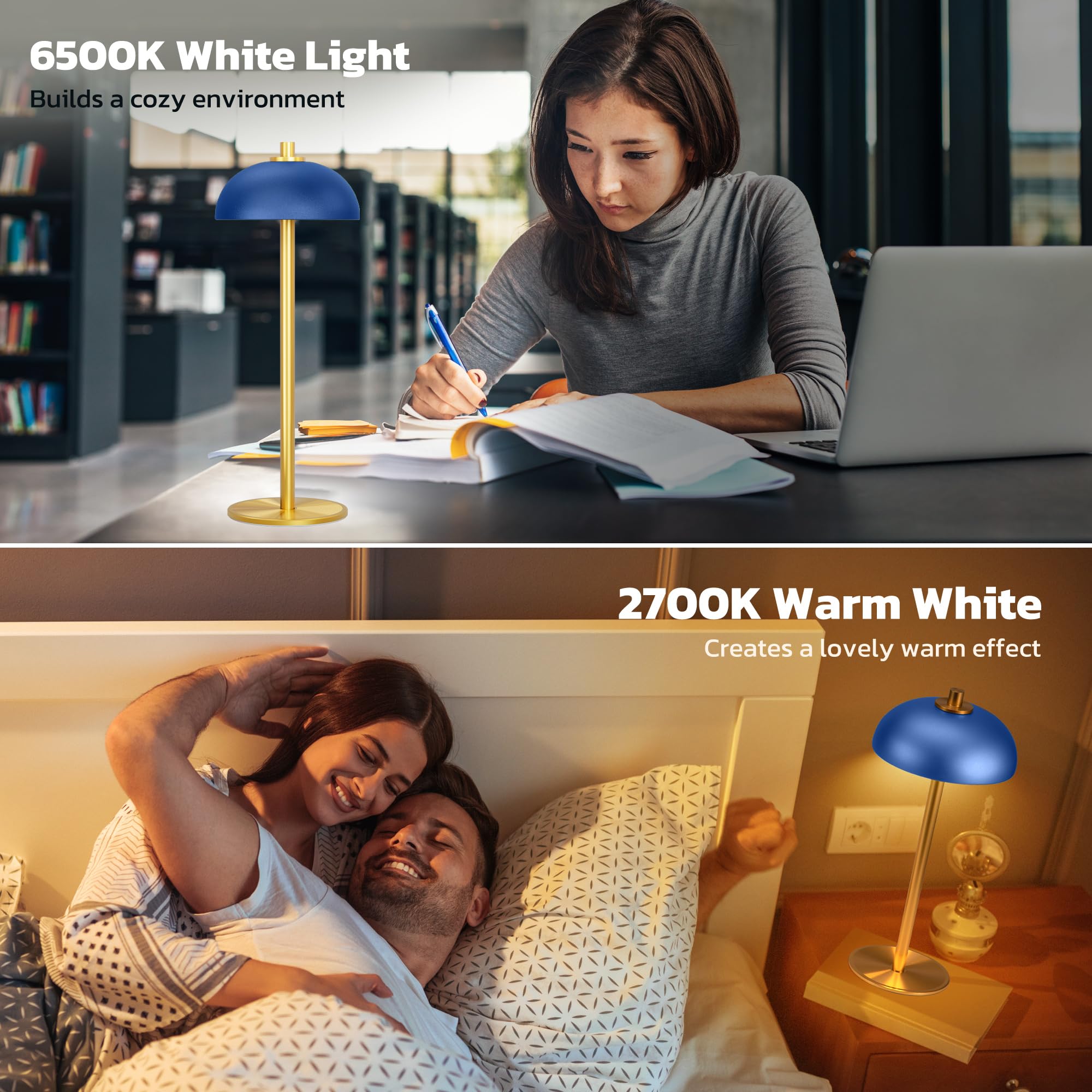 JONEMO Cordless Table Lamp, 5000mAh Rechargeable, 3 Color Modes, Stepless Dimming, Model MOGU, Blue-2