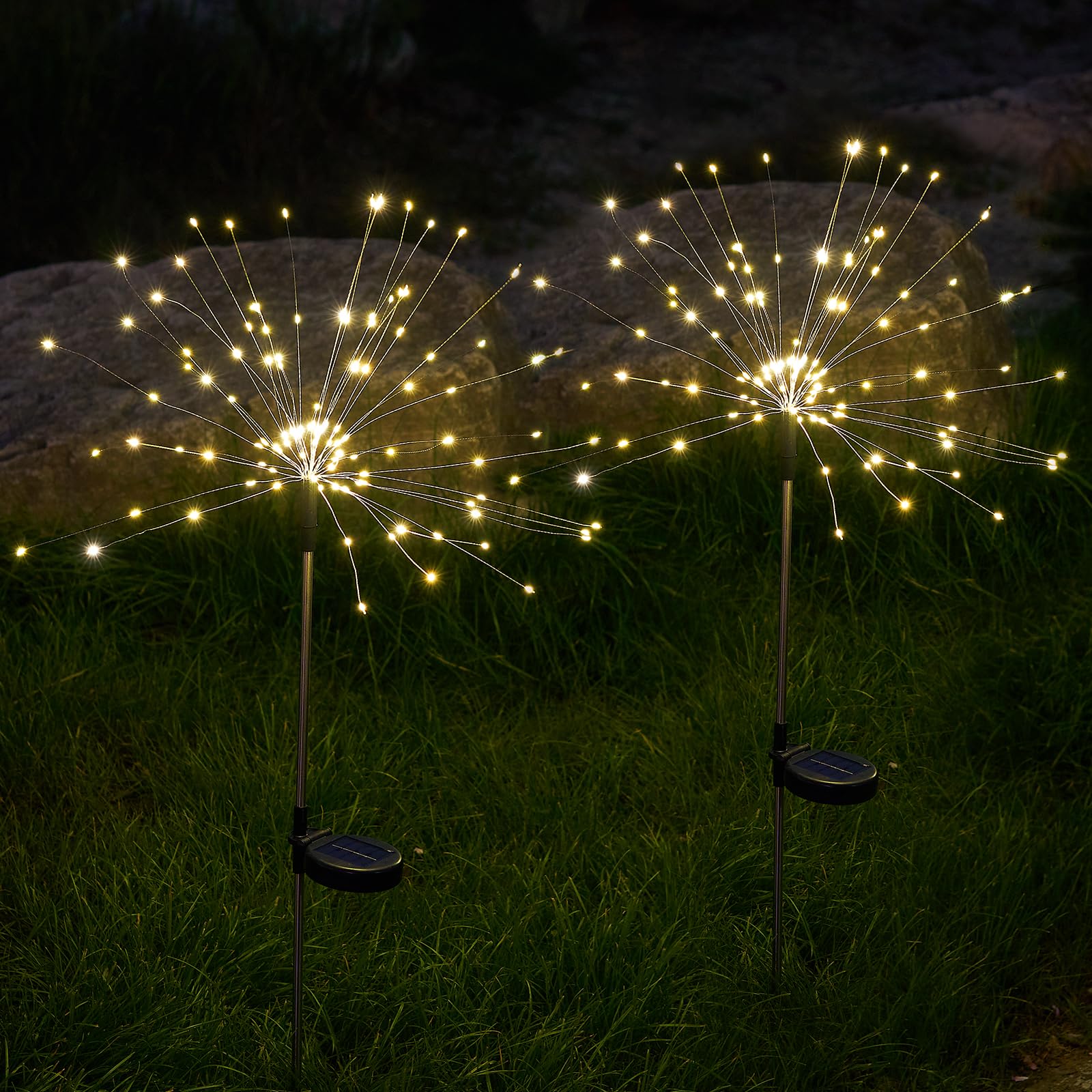 SUNNEST Solar Lights Outdoor, 150 LED Firework Light, Warm White, 2 Packs, Model DE-HY, Solar Garden Decor for Pathway and Patio