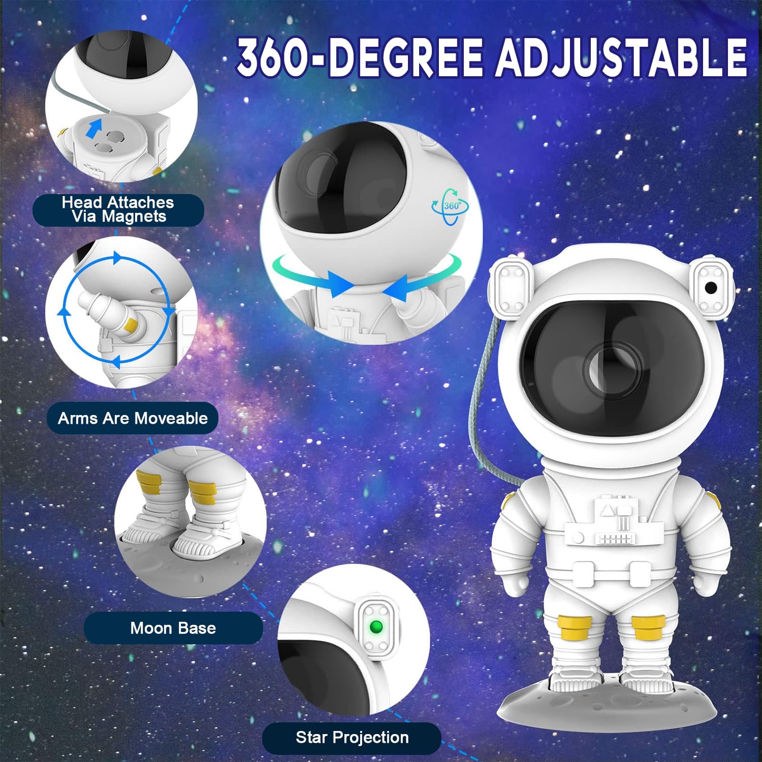 2win2buy Astronaut Star Projector - 360° LED Galaxy Light for Kids & Adults, White, Model TYD-YHY-001, Bedroom Ceiling Decor