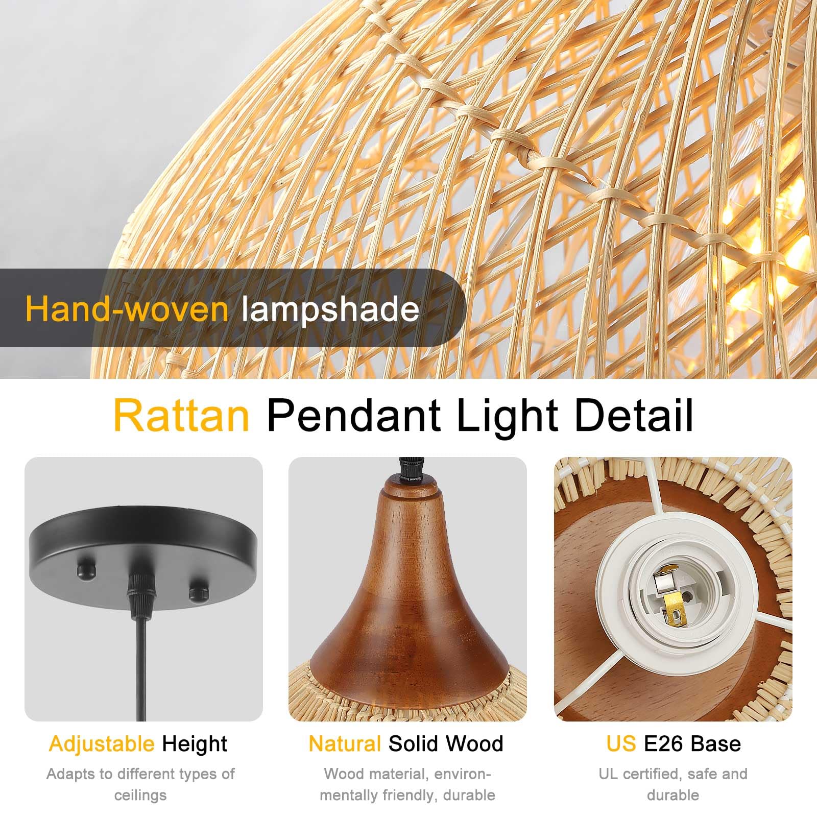 Karjearl Rattan Pendant Light, 15.7" Hand-Woven Chandelier, Wood Raindrop Light, Model LT30-RA-1P for Dining Room, Kitchen, Living