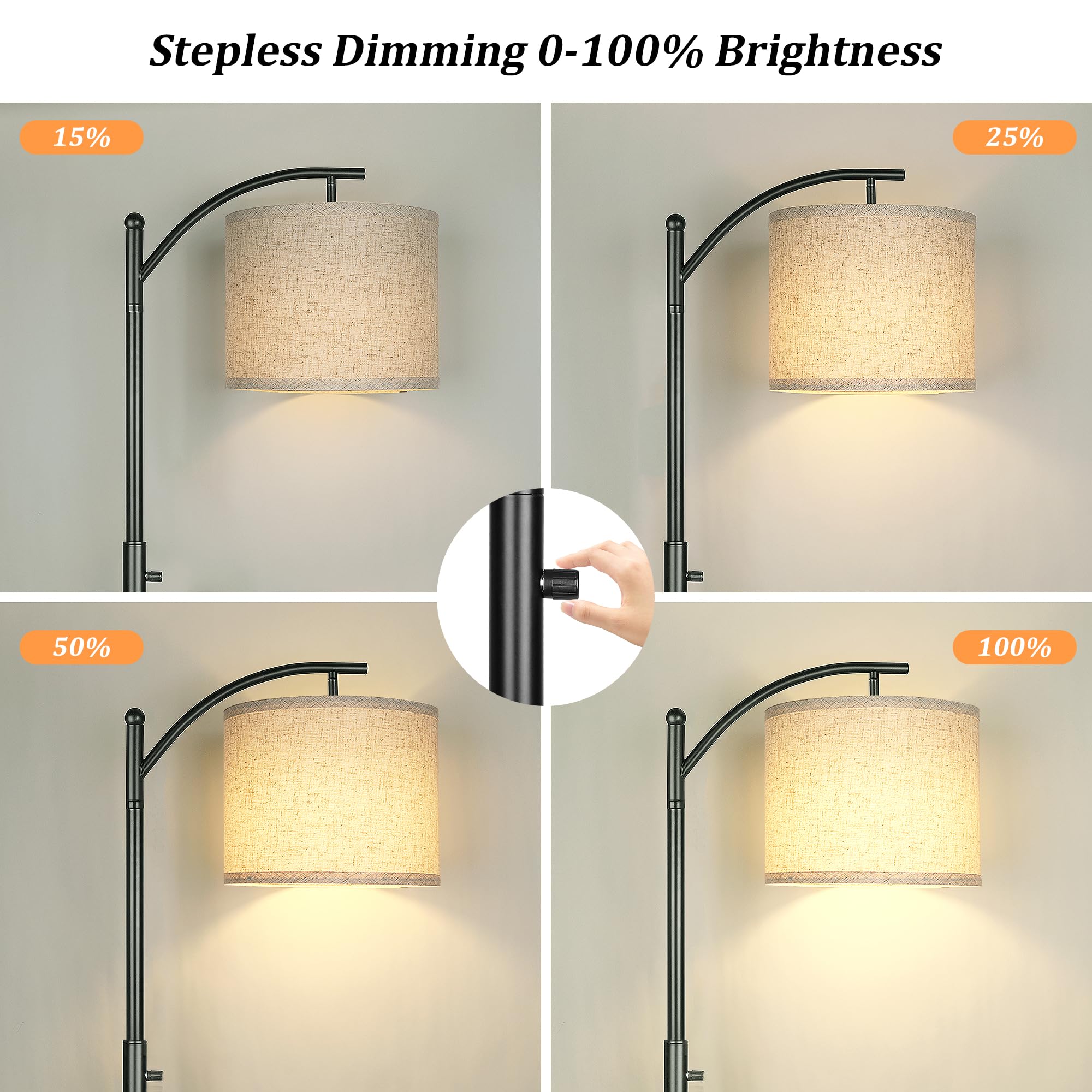 Dimmable Floor Lamp, Arc Floor Lamps For Living Room, Stepless Dimming Modern Standing Lamp With Linen Shade, Tall Lamp For Bedr