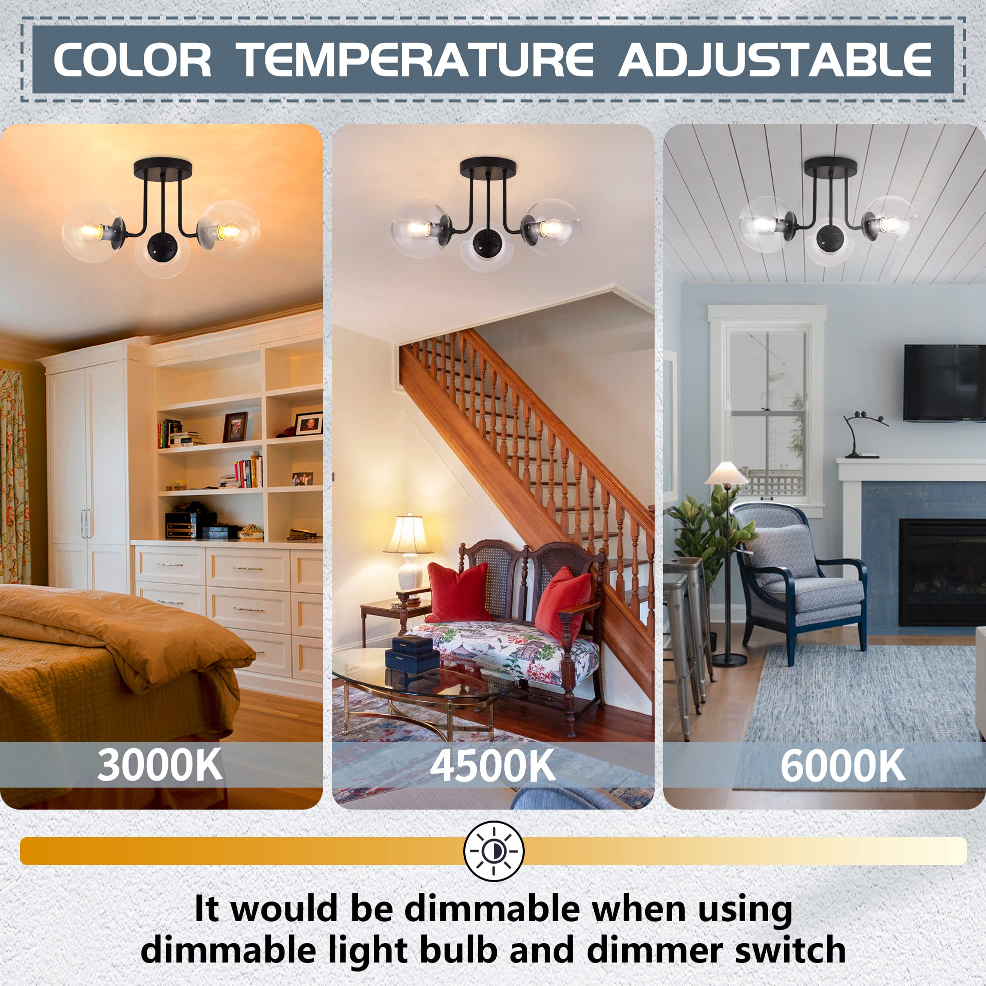 Koko&Yukina 3-Light Semi Flush Mount Ceiling Light Globe Ceiling Light Mid Century Ceiling Light With Clear Glass Globe & Matte