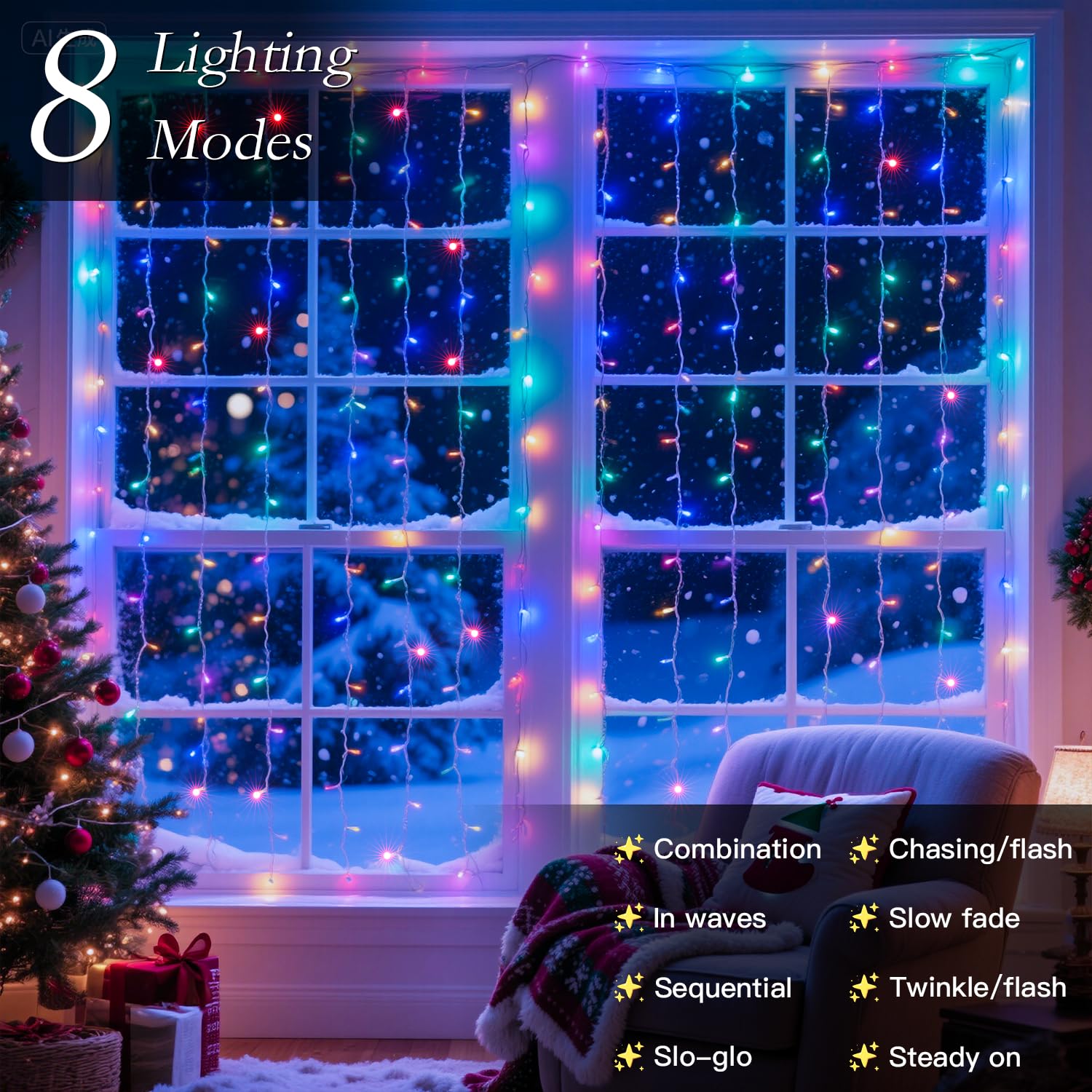 Soagrc 200 LED Rainbow Curtain String Lights, Waterproof, 9.8x6.6FT, 8 Modes, Multicolor, Model BG-CL3M3-306L01