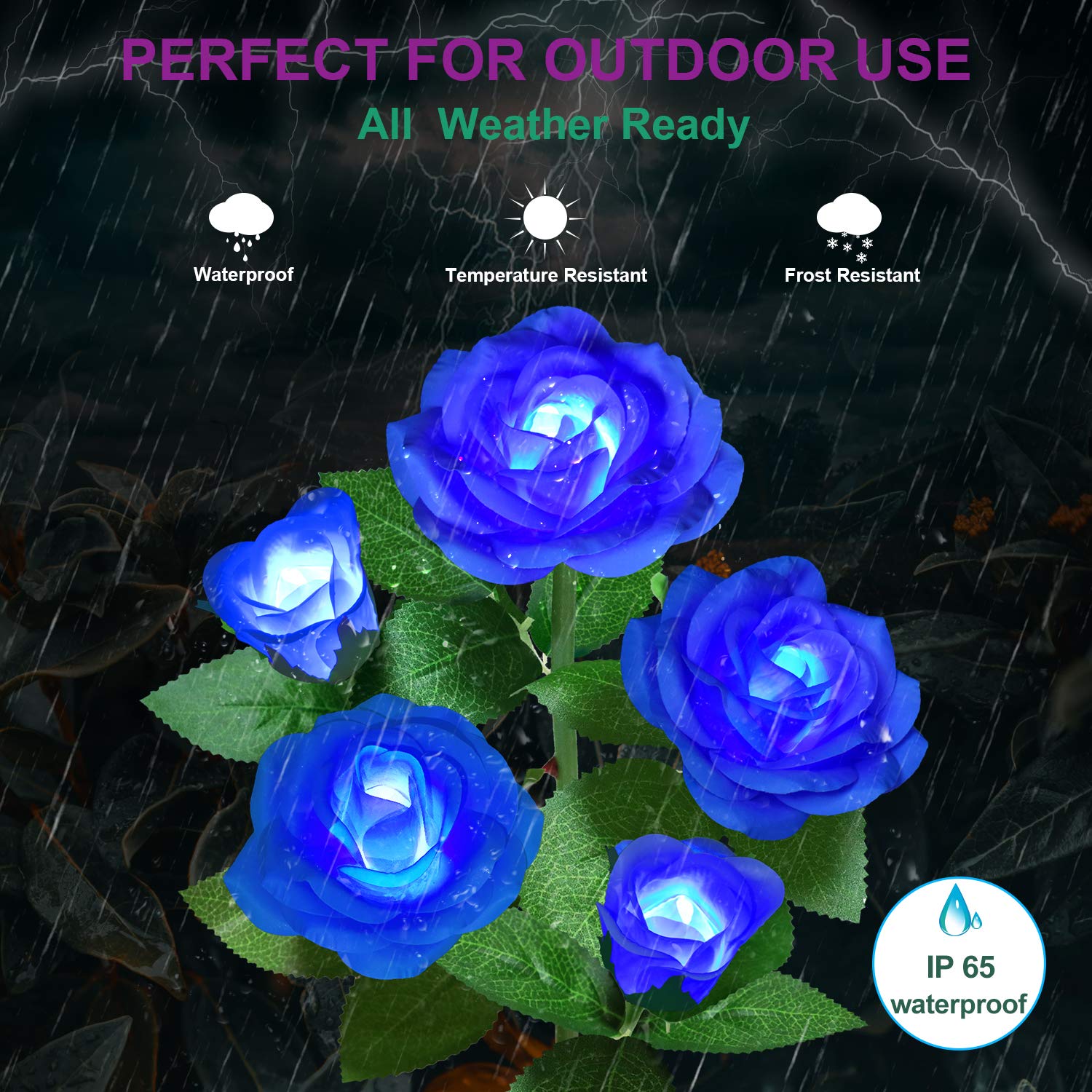 Ywywled Solar Flower Lights - Waterproof Led Stake Lights With 5 Roses, Blue, 2 Pack