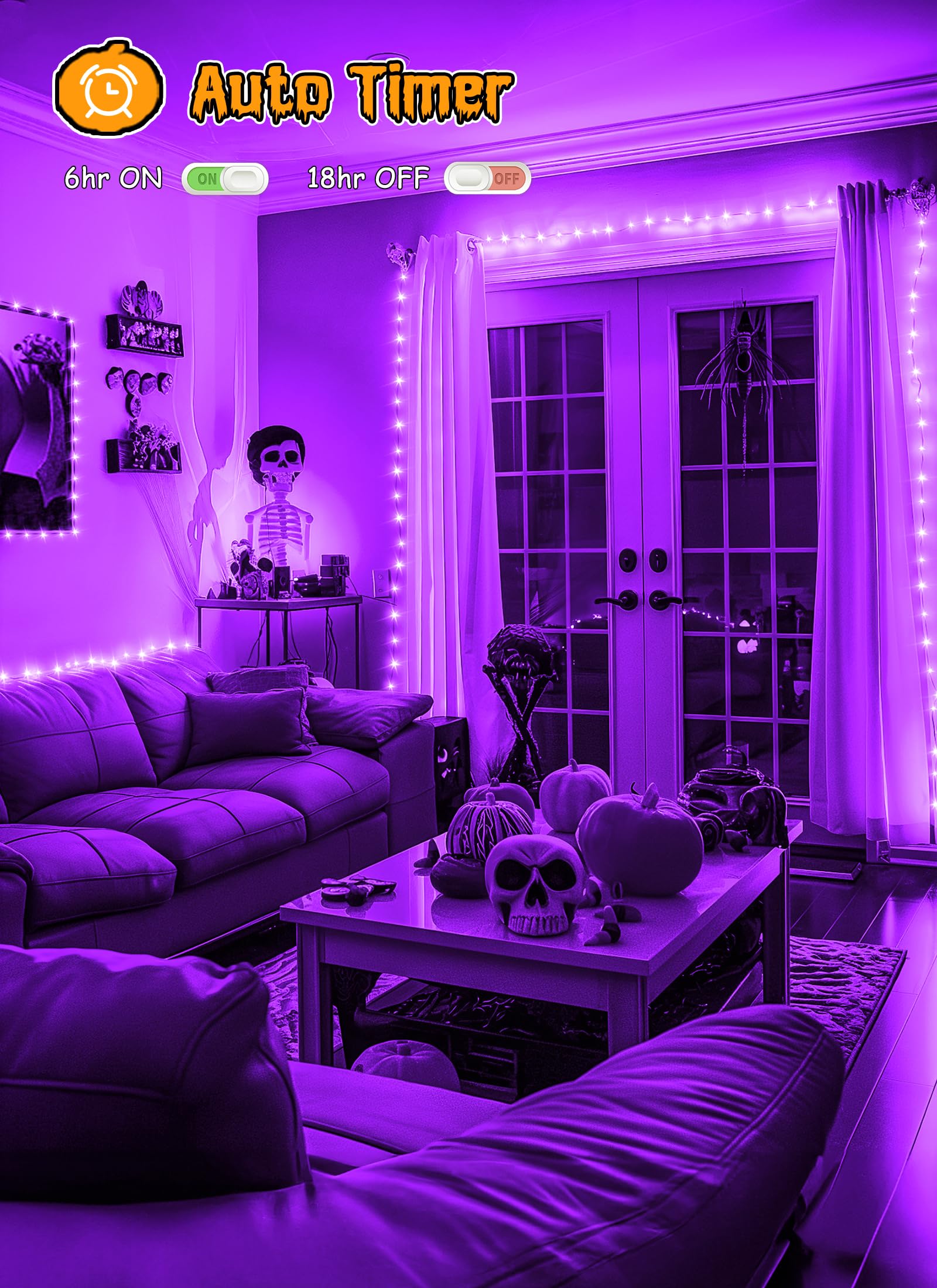 Brightown 10Ft 120 Led Halloween String Lights Battery Operated Outdoor, Purple Halloween Cluster Lights, 8 Modes Timer Waterproof Twinkle Fairy String Lights For Indoor Halloween Decorations