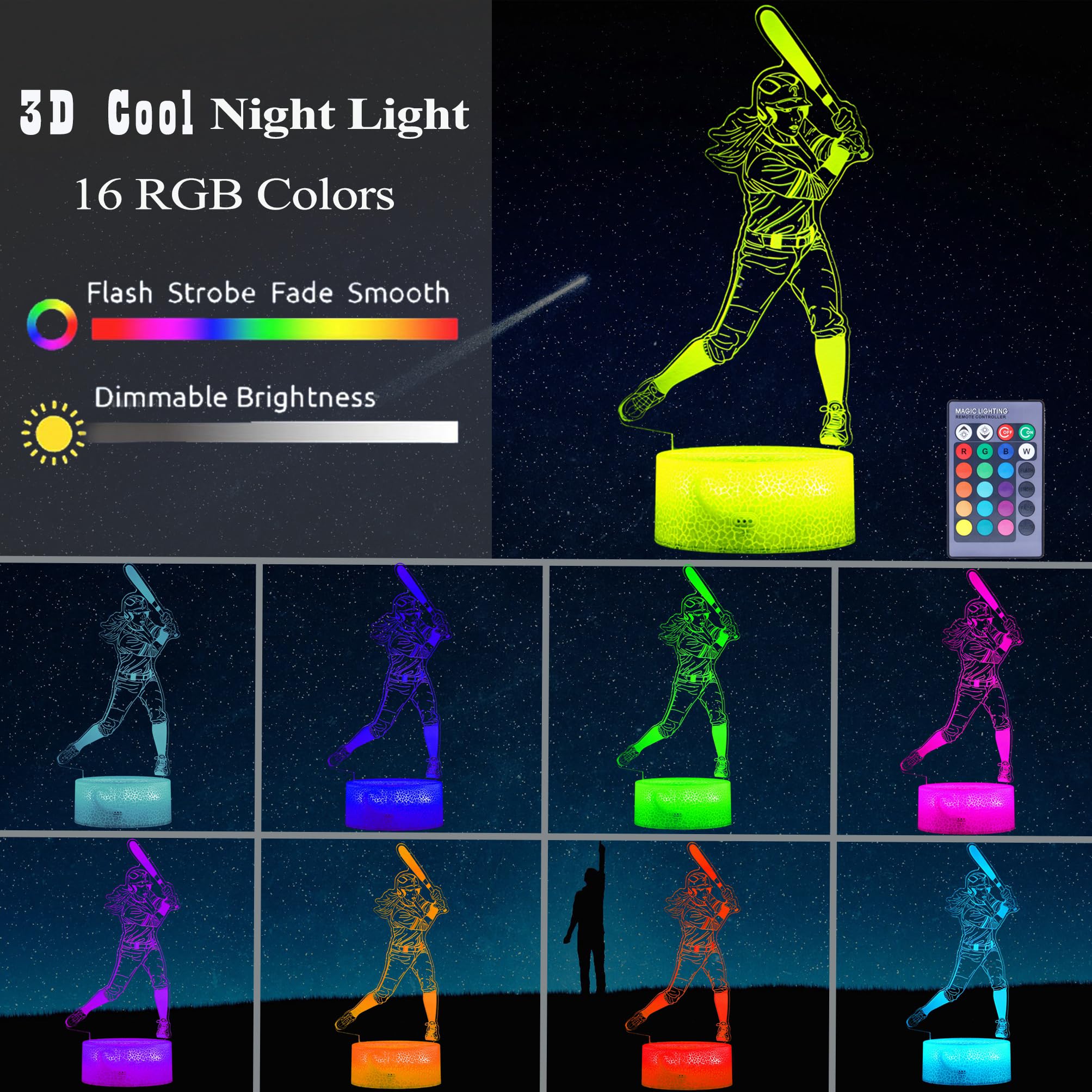 Posshe Baseball Night Light, Baseball Gifts, Girl Baseball 3D Illusion Lamp With 16 Colors Changing, Remote Control And Dimmable