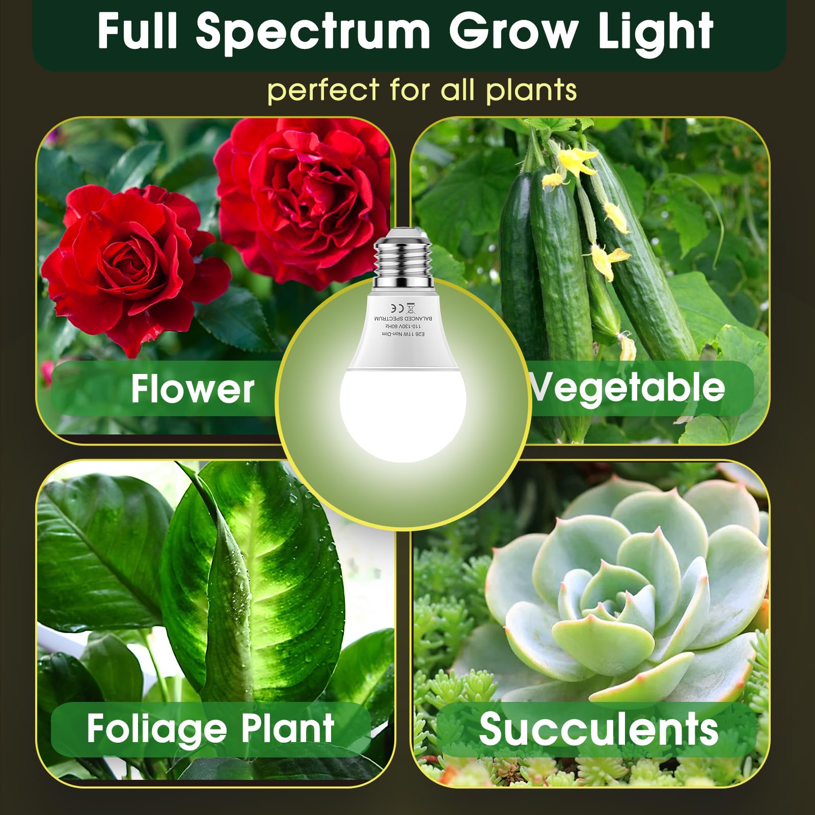 WEEGrow LED Grow Light Bulbs 5000K, Full Spectrum 11W E26 Base, 2 Pack, Daylight White for Indoor Plants and Greenhouses