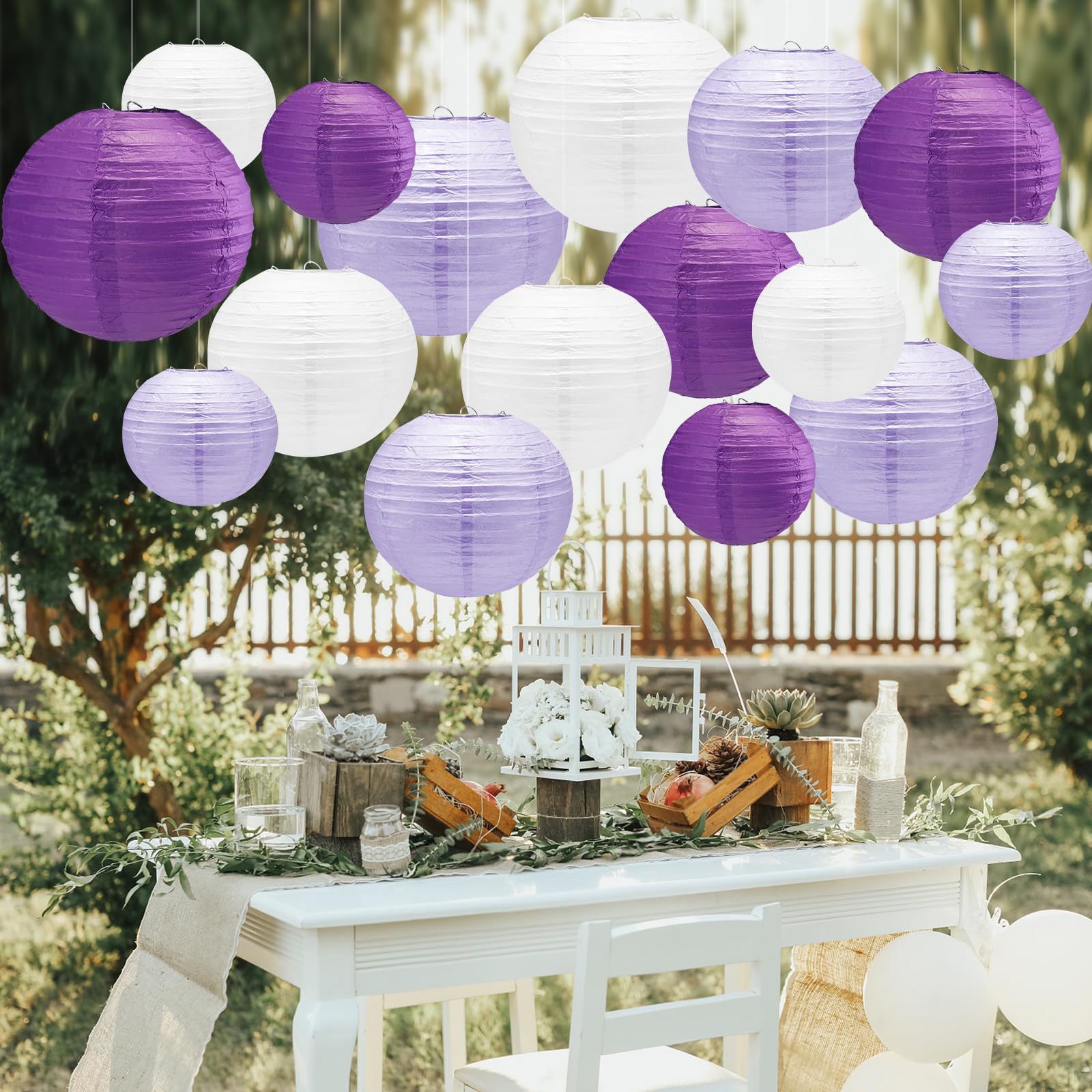 16Pcs Purple White Paper Lanterns,Round Hanging Paper Laarty Decorations With Tape And String For Birthday,Graduation,Wedding,Ba