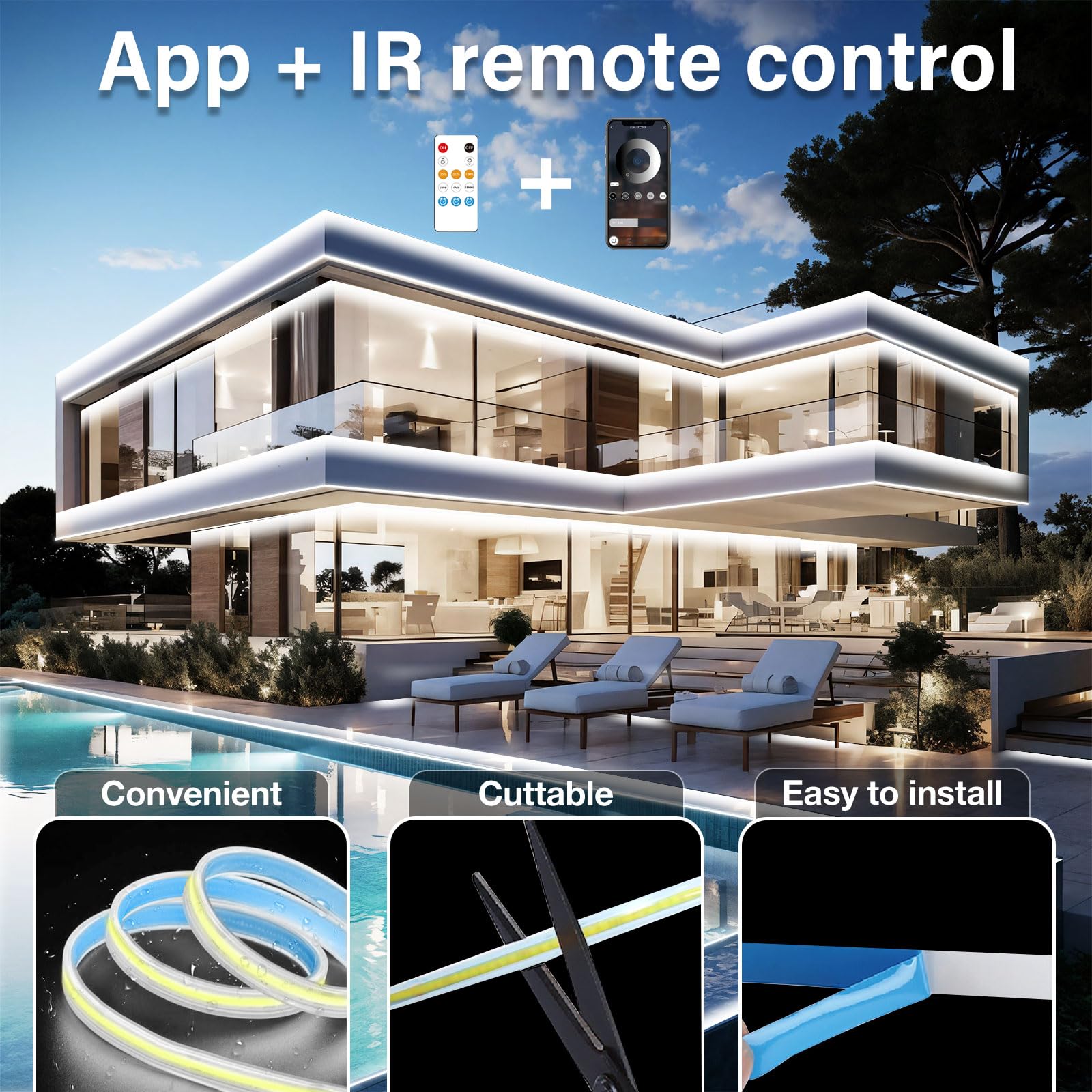 talkhigh 100ft COB Outdoor LED Strip Lights, Waterproof, Dimmable 6500K Bright White, IP68, App Remote Control, Music Sync