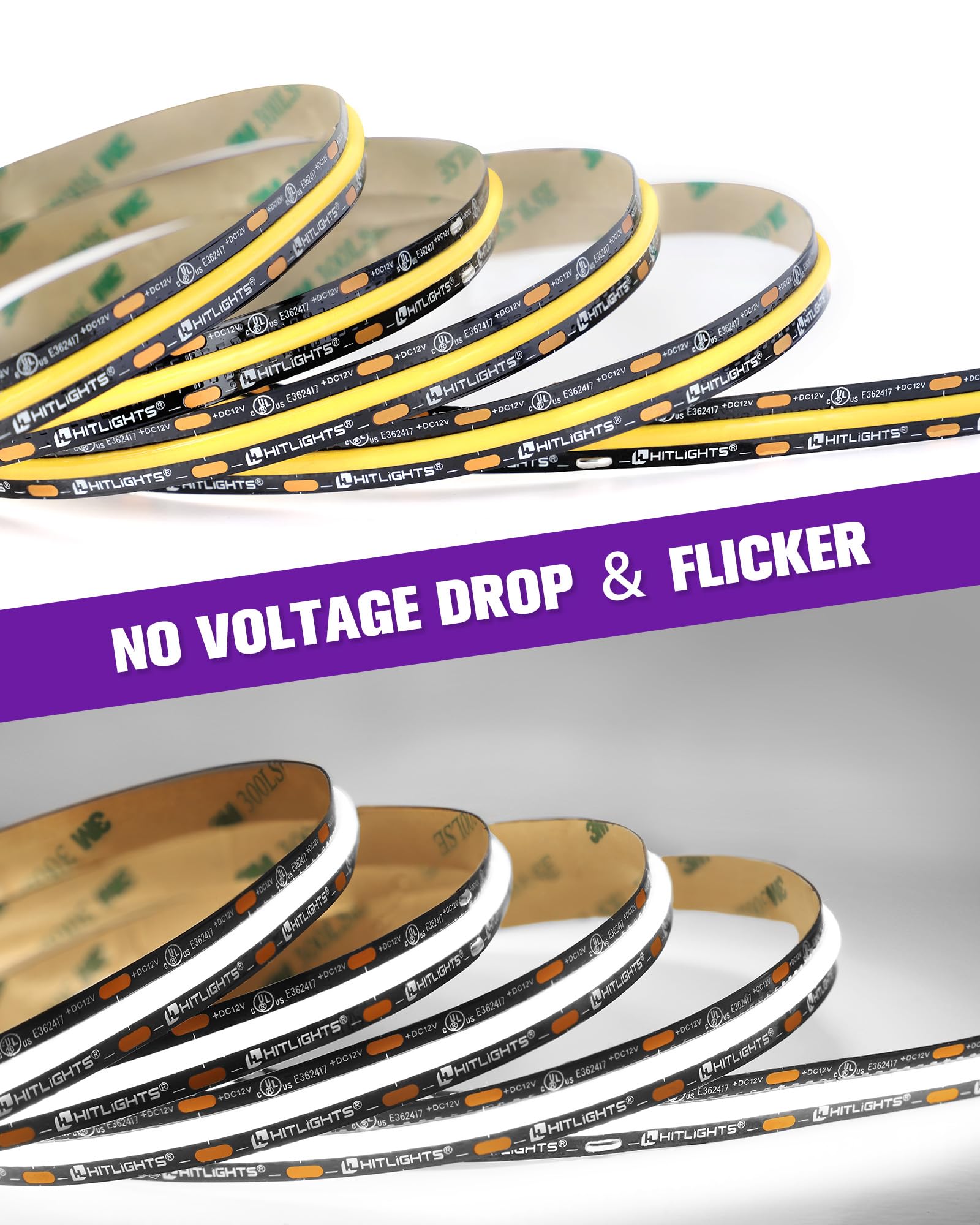 Hitlights White Led Strip Lights 5000K  16.4Ft enhanced 12V Cob Tape Light High Density  2400 Leds  305+ Lm/Ft  Cri 90+  Ip30  Lighting For Kitchen  Cabinets  Ul Listed (Power Source Not Included)