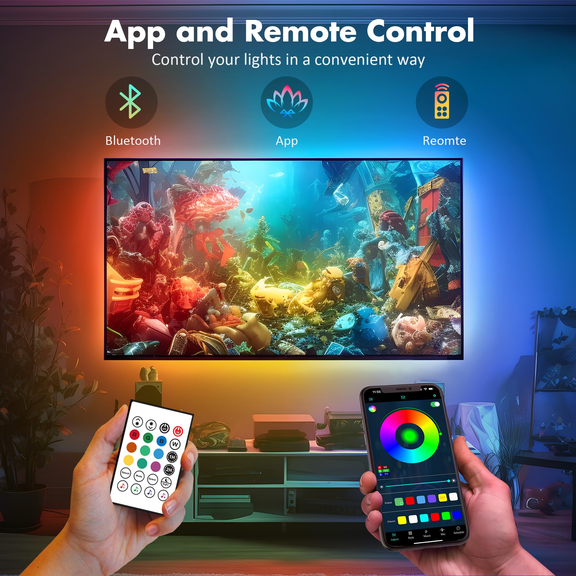 Maylit ICRGB LED Backlight for 71-75in TV, 18FT USB App Control Color Changing Strip Lights, Music Sync, Gaming Decor