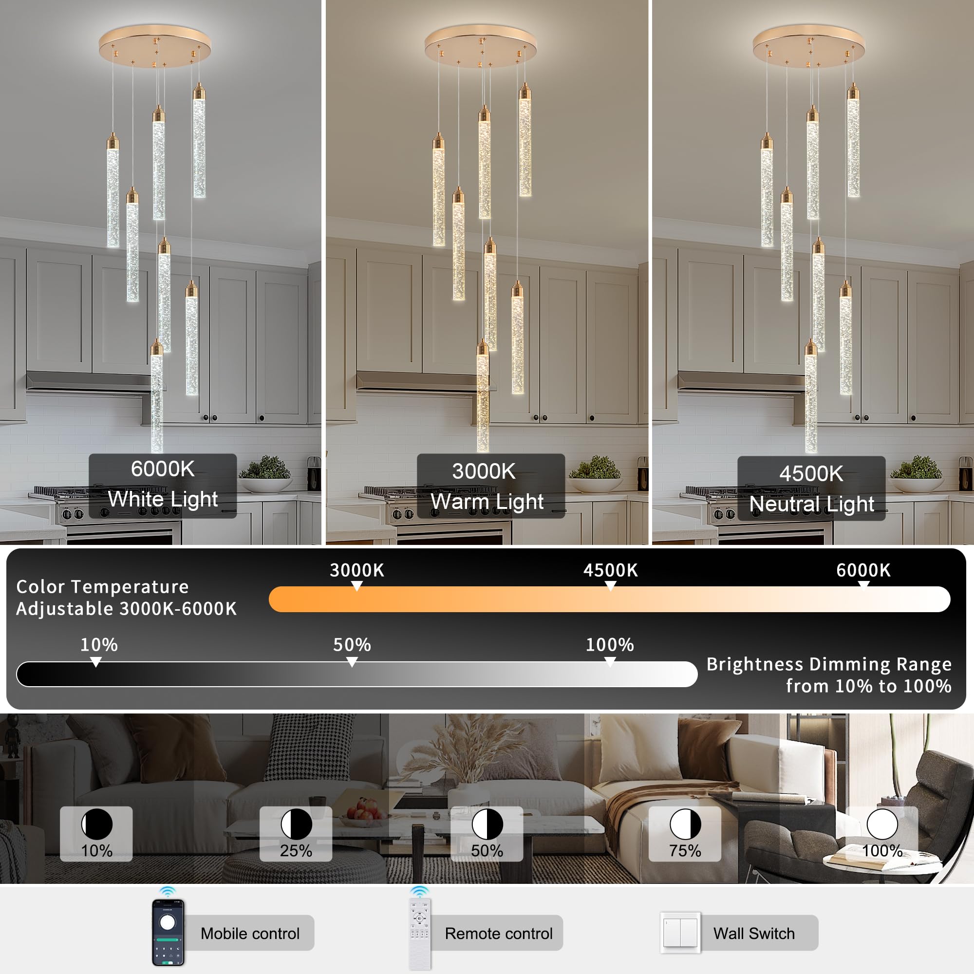 YwueChwu 7-Light High Ceiling Crystal Staircase Chandelier Gold, Modern Spiral Raindrop Dimmable LED Bubble Cluster Ceiling Hang