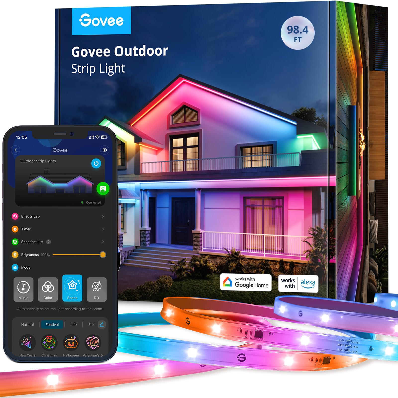 Govee 98.4Ft Outdoor Led Strip Lights, Smart Rgbic, Ip65 Waterproof, Works With Alexa & Google Assistant, Multicolor