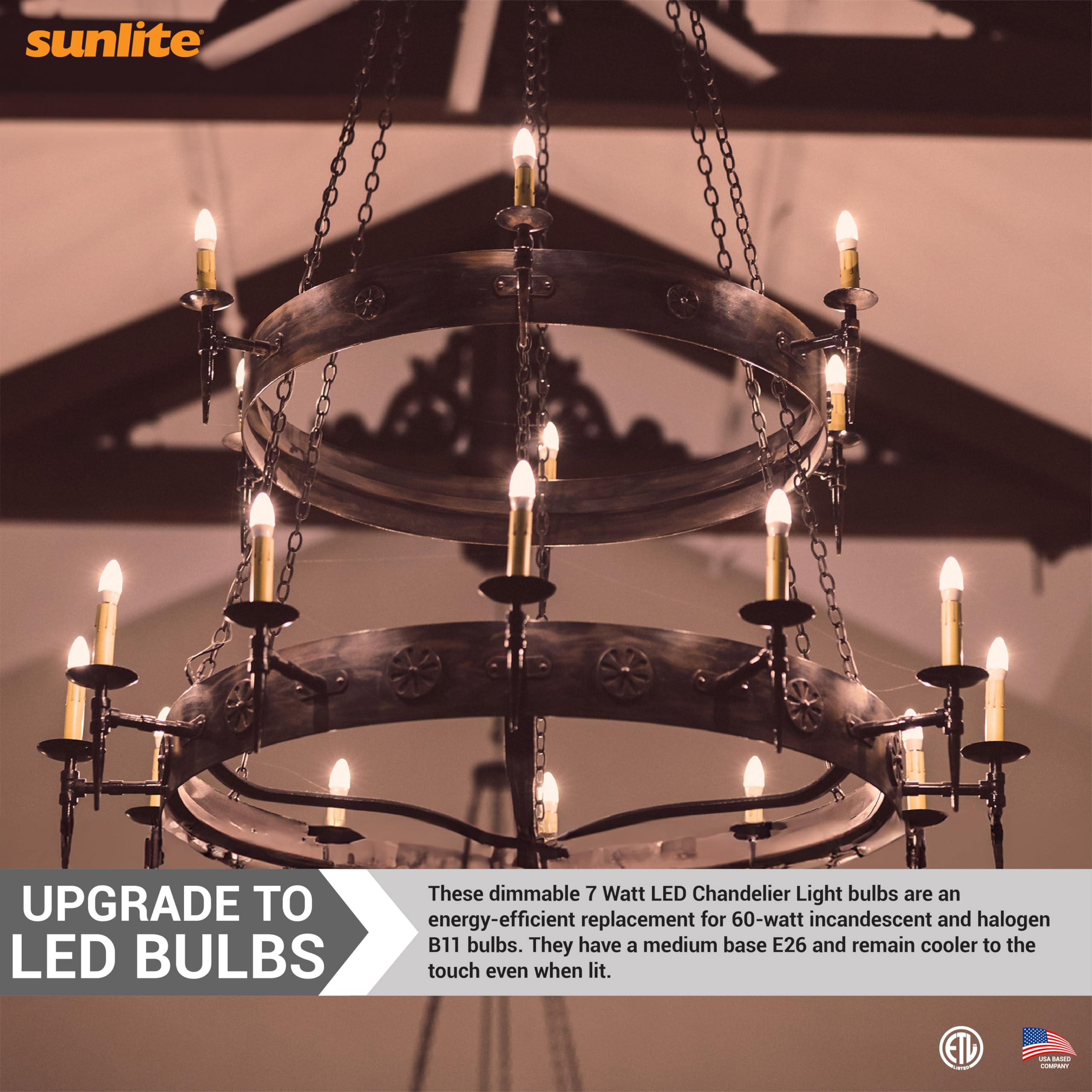 Sunlite 41380-Su Led Torpedo Tip B11 Chandelier Light Bulb, 7 Watts (60W Equivalent), 500 Lumens, Medium Base (E26), Dimmable, 27K - Warm White, 6 Pack, Frost