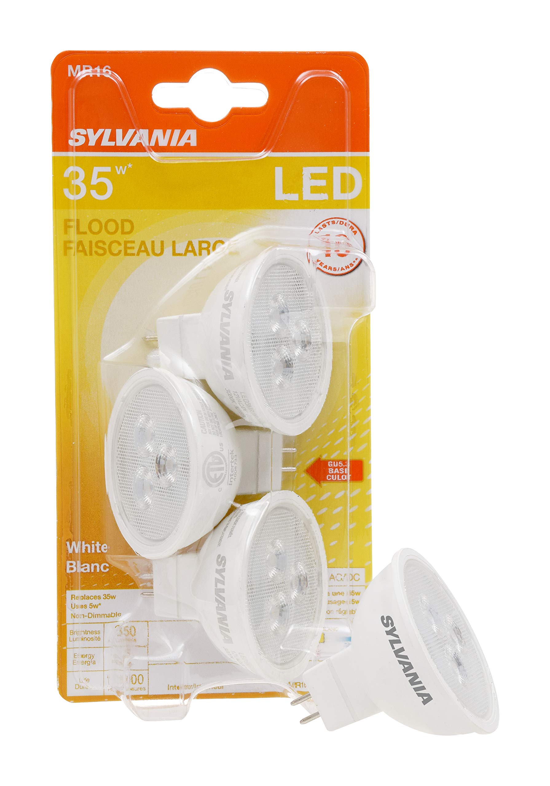 Sylvania Mr16 Led Flood And Spot Light Bulb  5W  35W Equivalent  Non-Dimmable  350 Lumens  3000K  White - 3 Pack (79129)