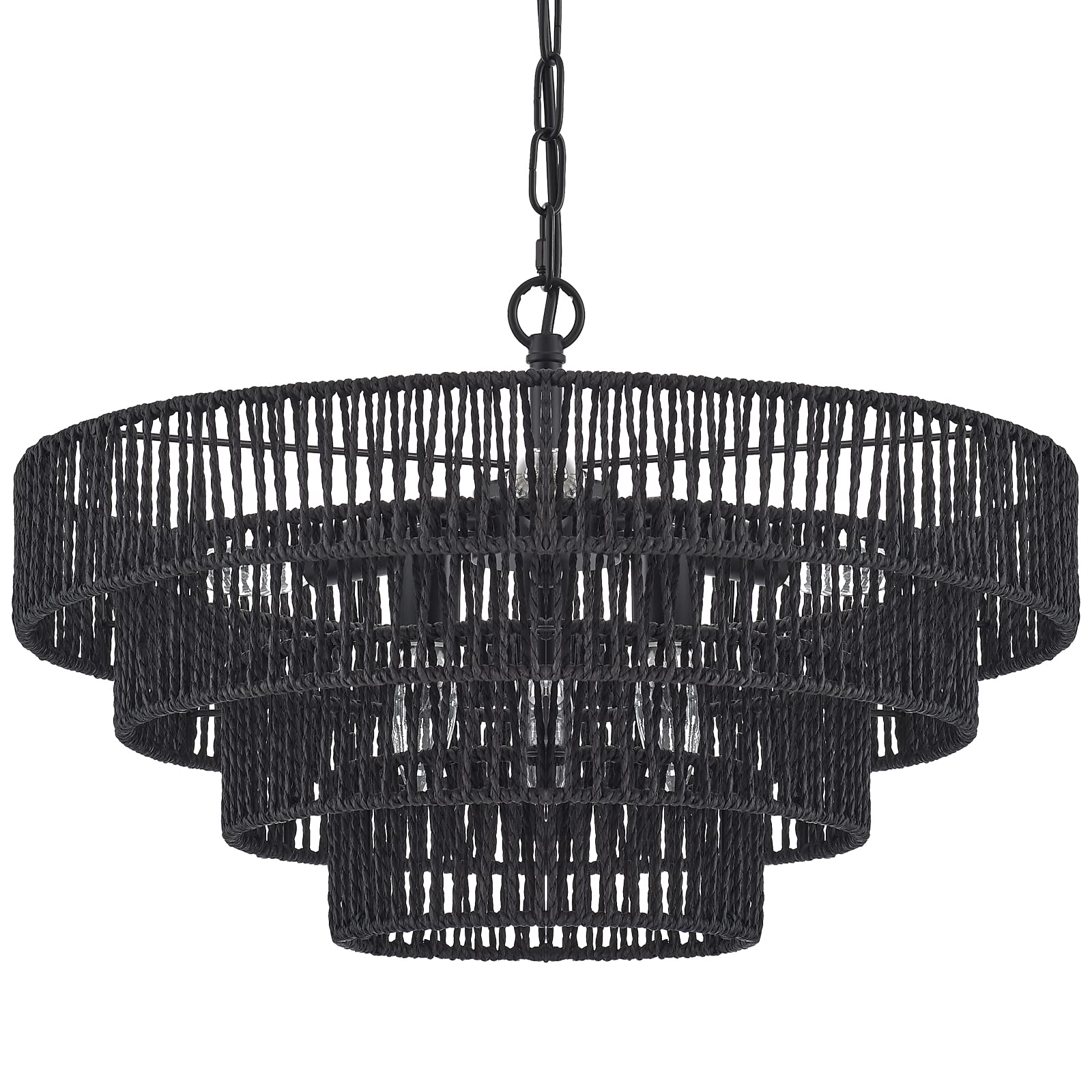ELYCCUPA 20” Hand-Woven Rattan Chandelier 6-Lights Transitional Minimalist 4 Round Boho Large Pendant Light for Kitchen Island Dining Room Living Room Hallway, Matte Black, UL Listed