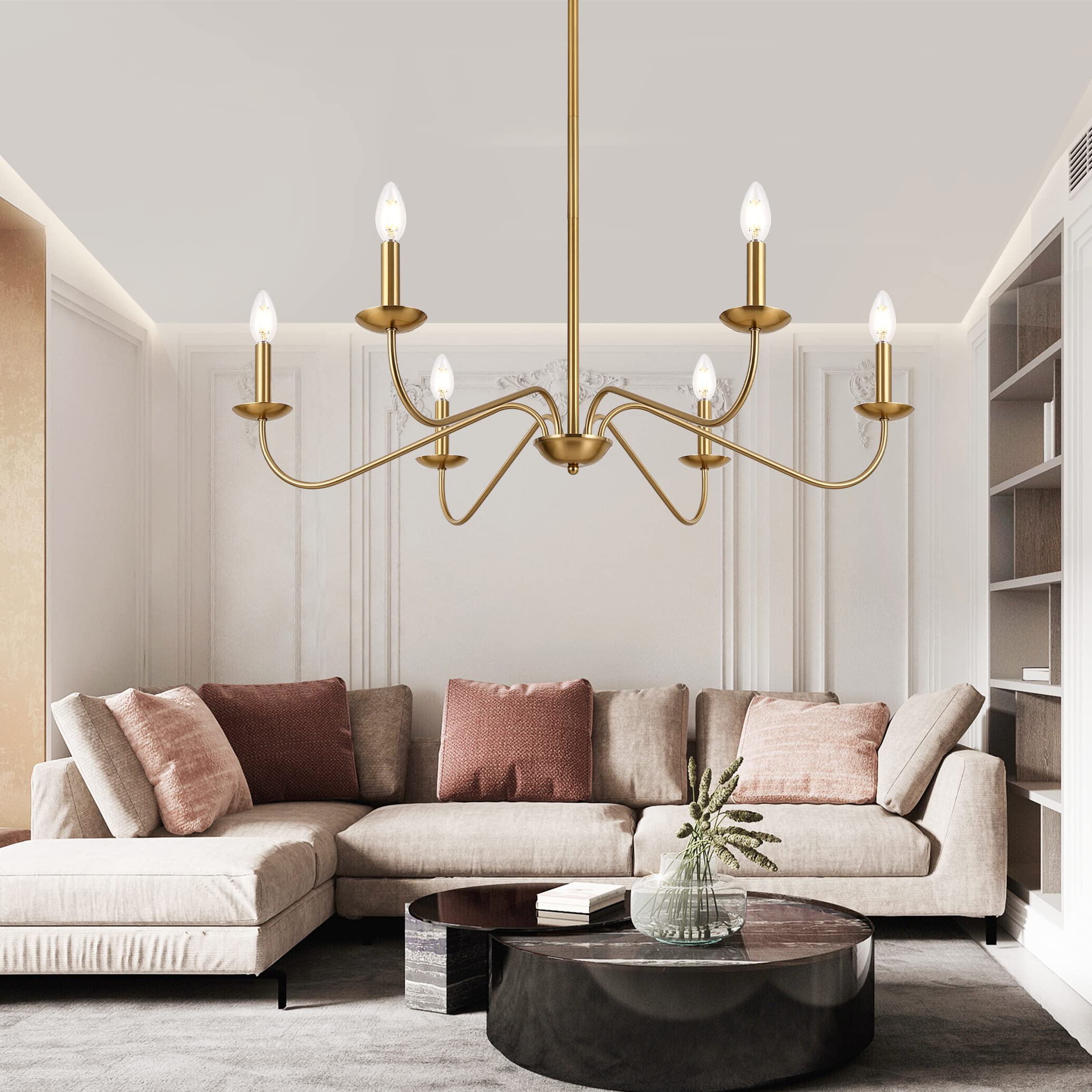 Jonsi Modern Gold Chandelier Light Fixture, 35 Inch Brushed Brass for Dining Room, Model X007P-6AGB