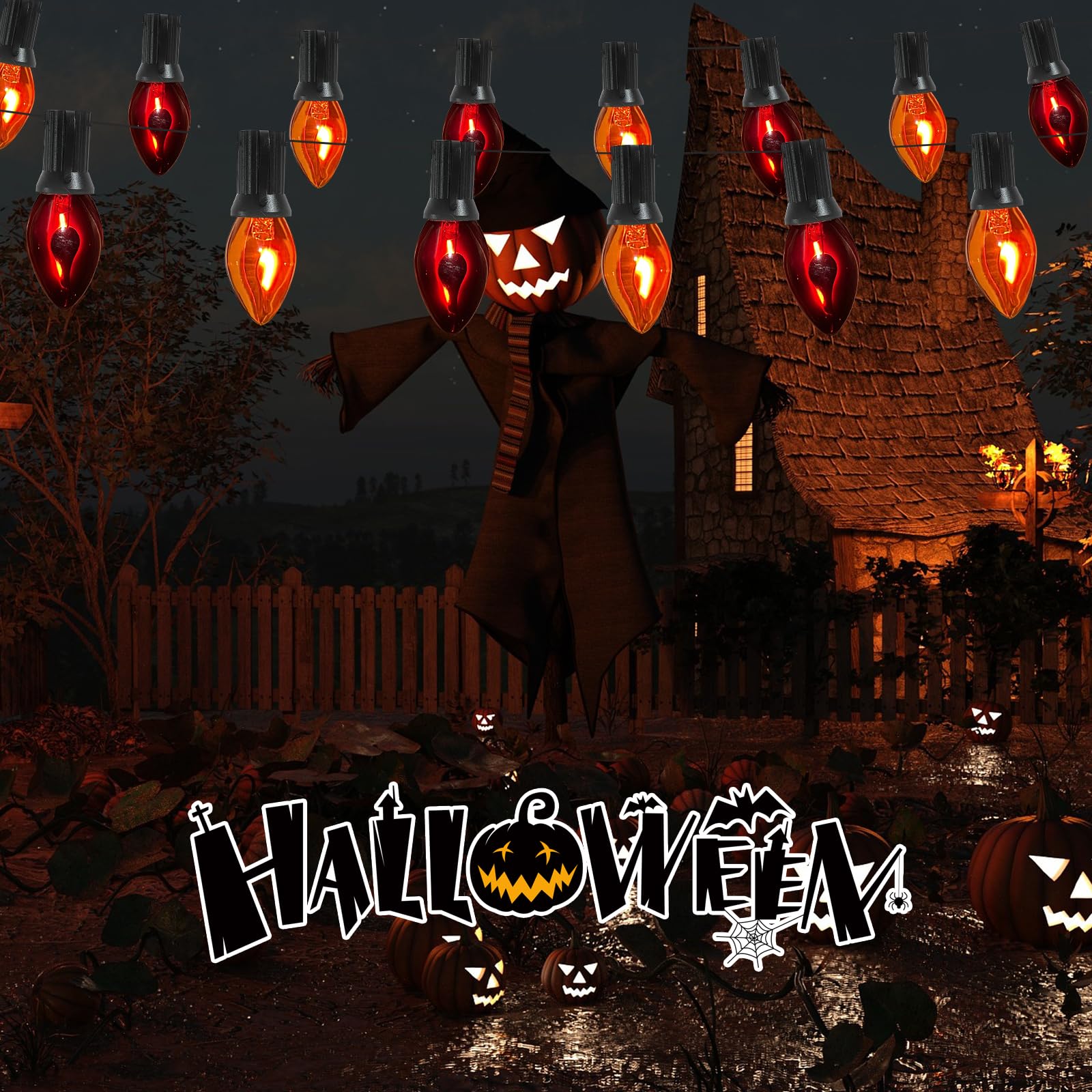 Doratale Halloween C7 String Lights, 25FT, Waterproof, 27 Flame Bulbs, Orange/Purple Flame, Ideal for Outdoor Party Decor