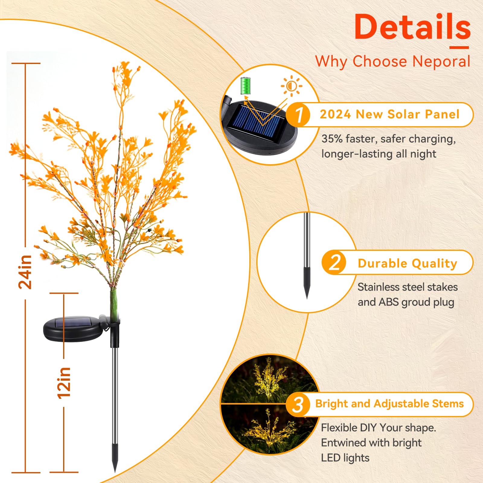 Neporal Solar Garden Lights Outdoor, Waterproof IP65, 4 Pack, Golden Plastic Flowers, Dusk to Dawn Decor, Model fe28834a-3ced-4a62-92c7