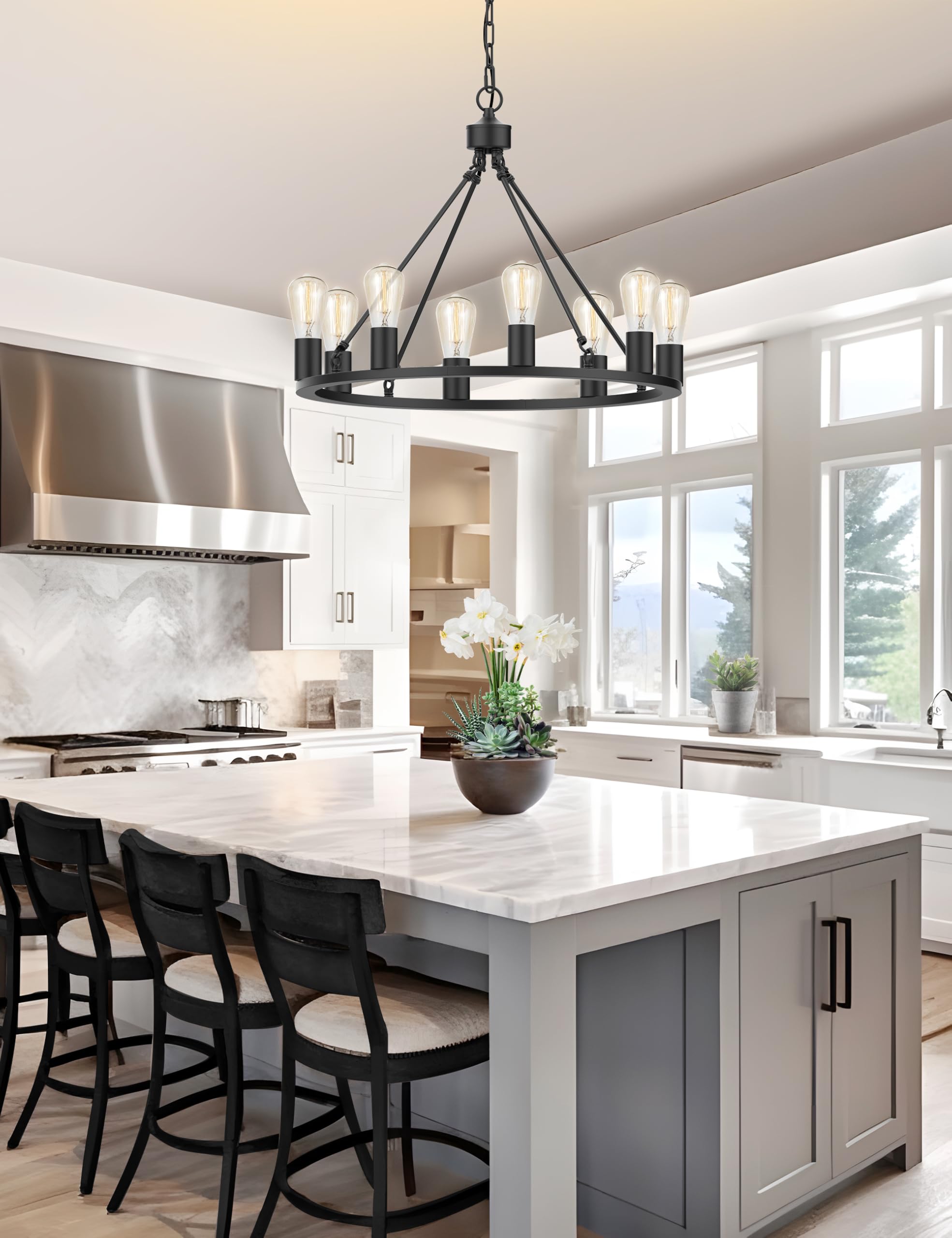 L LOHAS LED 8-Light Black Farmhouse Chandelier, 24" Adjustable Metal Light Fixture for Dining Room and Kitchen Island