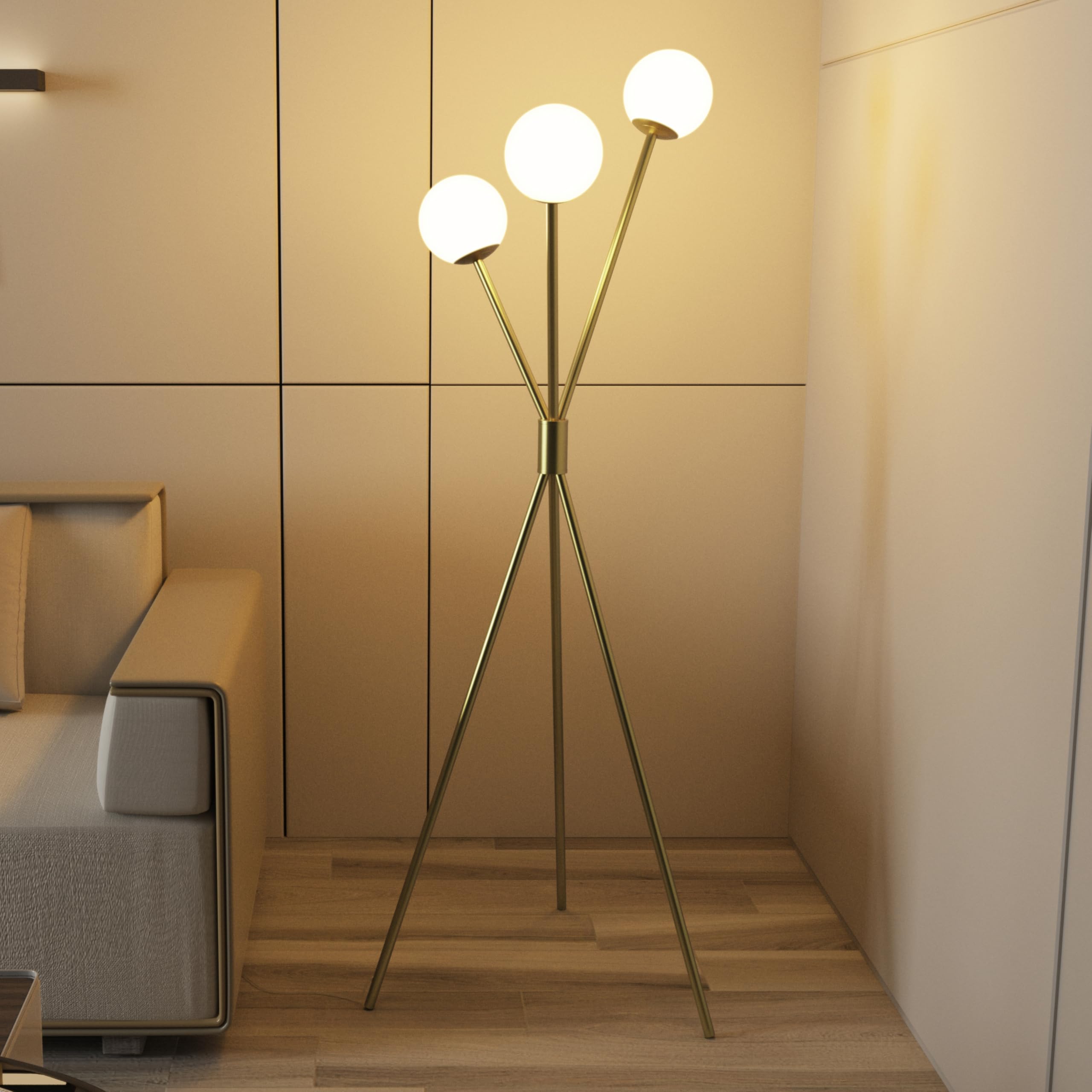 Maxax 65    Brass Gold Tripod Floor Lamp for Living Room, 3 Lights Globe Mid Century Floor Lamp Modern Reading Standing Lamp wit