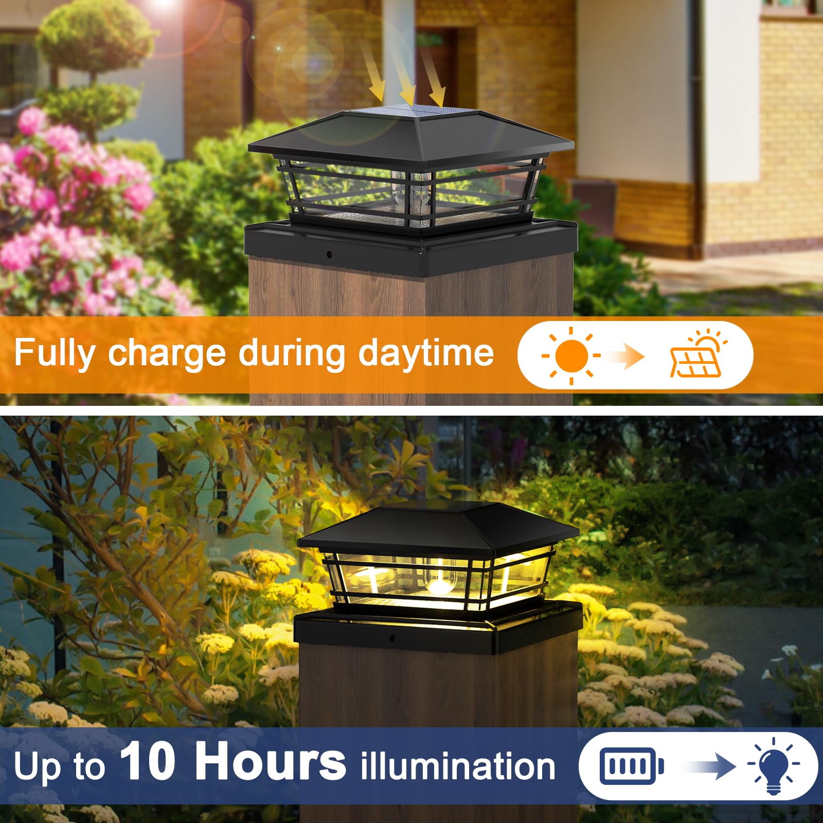 Kipeini Solar Post Cap Lights 2 Pack - Waterproof Led For 4X4, 5X5 Posts, Black, Warm Bright Bulb, 2 Brightness Settings