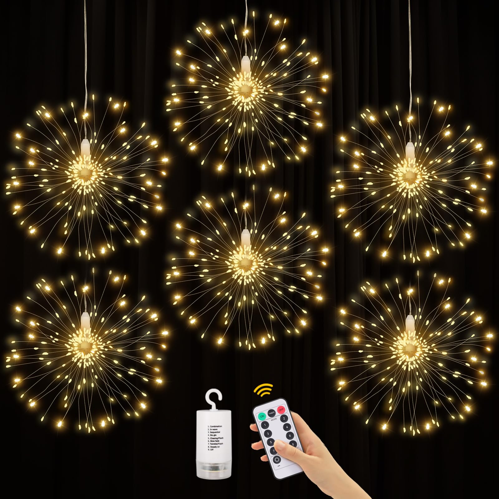 6 Pack Firework Lights 120 LED Copper Wire Firework Lights, 8 Modes Dimmable String LED Lights with Remote Control,Waterproof Ha