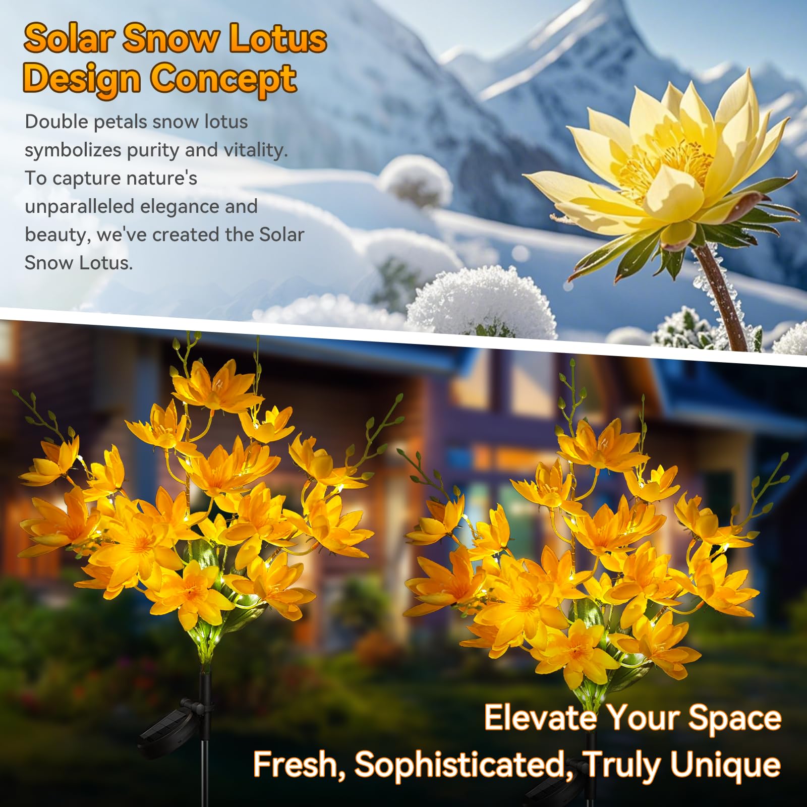 Neporal Solar Flowers 5-Head Snow Lotus, 20+ Warm LED Lights, Waterproof IP65, 4 Packs, Yellow