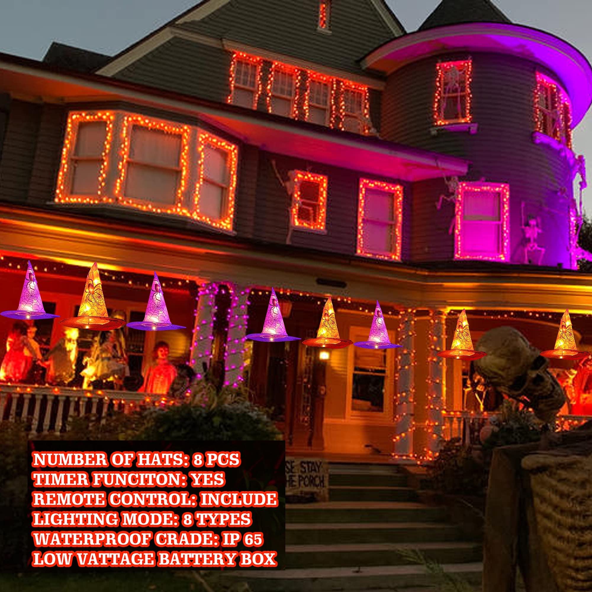 Dazzle Bright Witch Hat String Lights - 8 Pcs Waterproof Halloween Decor with Remote Control, Multicolor, 2 Pack