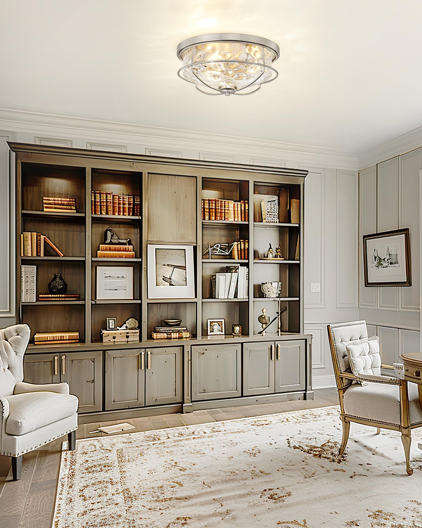 15 Inch Ceiling Light Fixtures, Hwh 3-Light Modern Flush Mount Light With Brushed Nickel Finish, Water Ripple Hammered Glass Cei