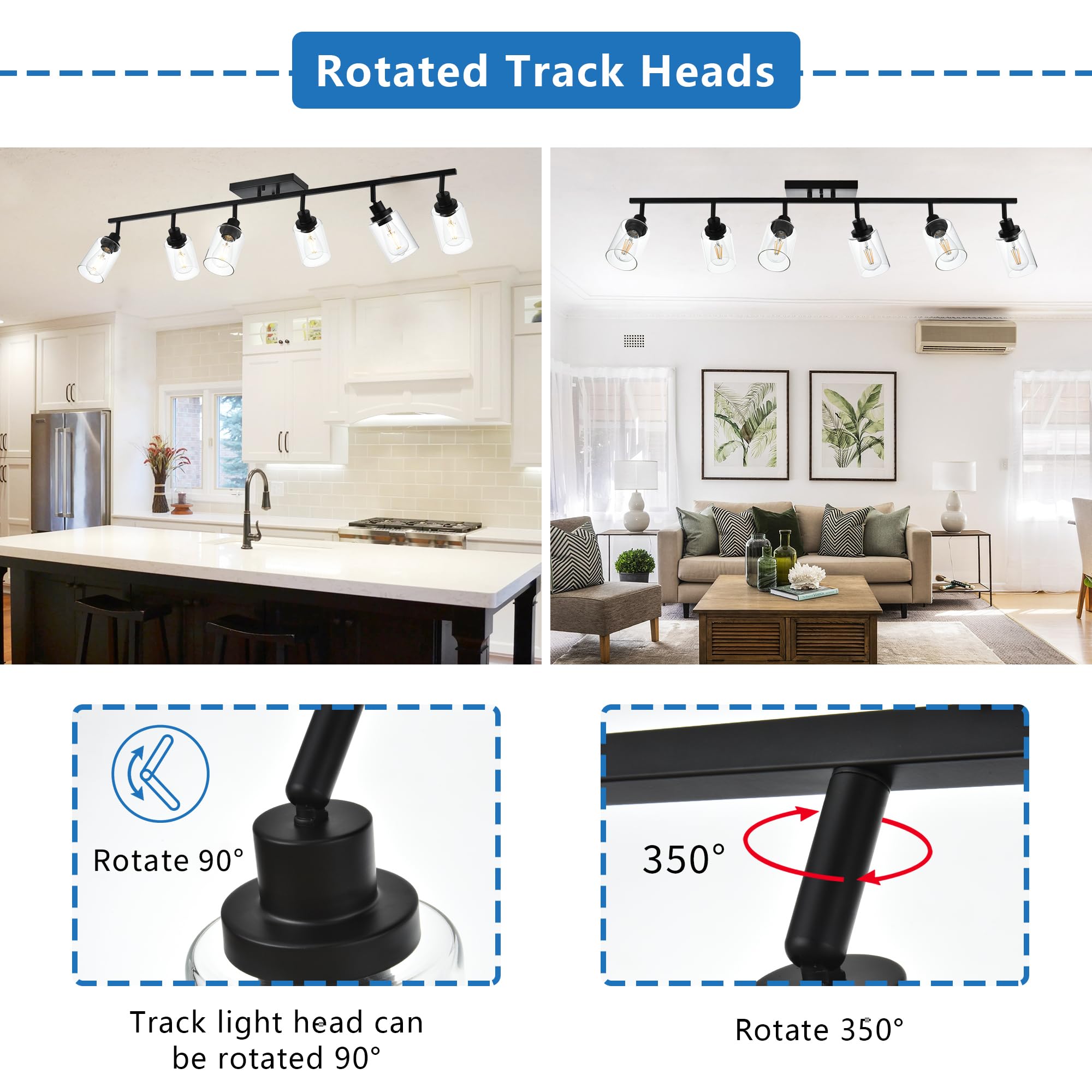 MELUCEE 6-Light Ceiling Track Lighting Kit, Black Metal Fixtures with Rotatable Heads and Clear Glass Shades, Model MTLK060BKCL
